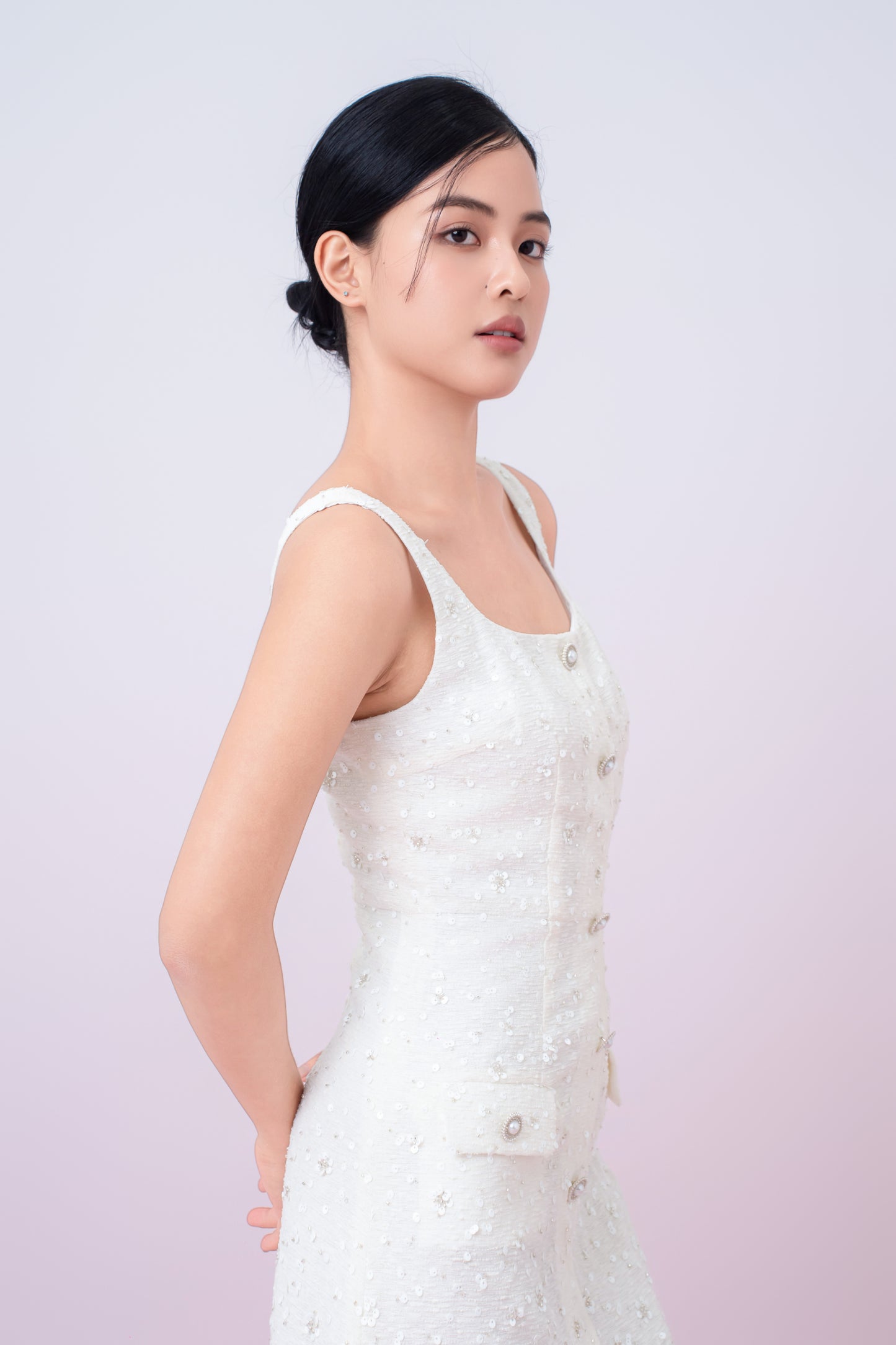 Joelynn Ivory Tweed With Embroidered Front Button Dress