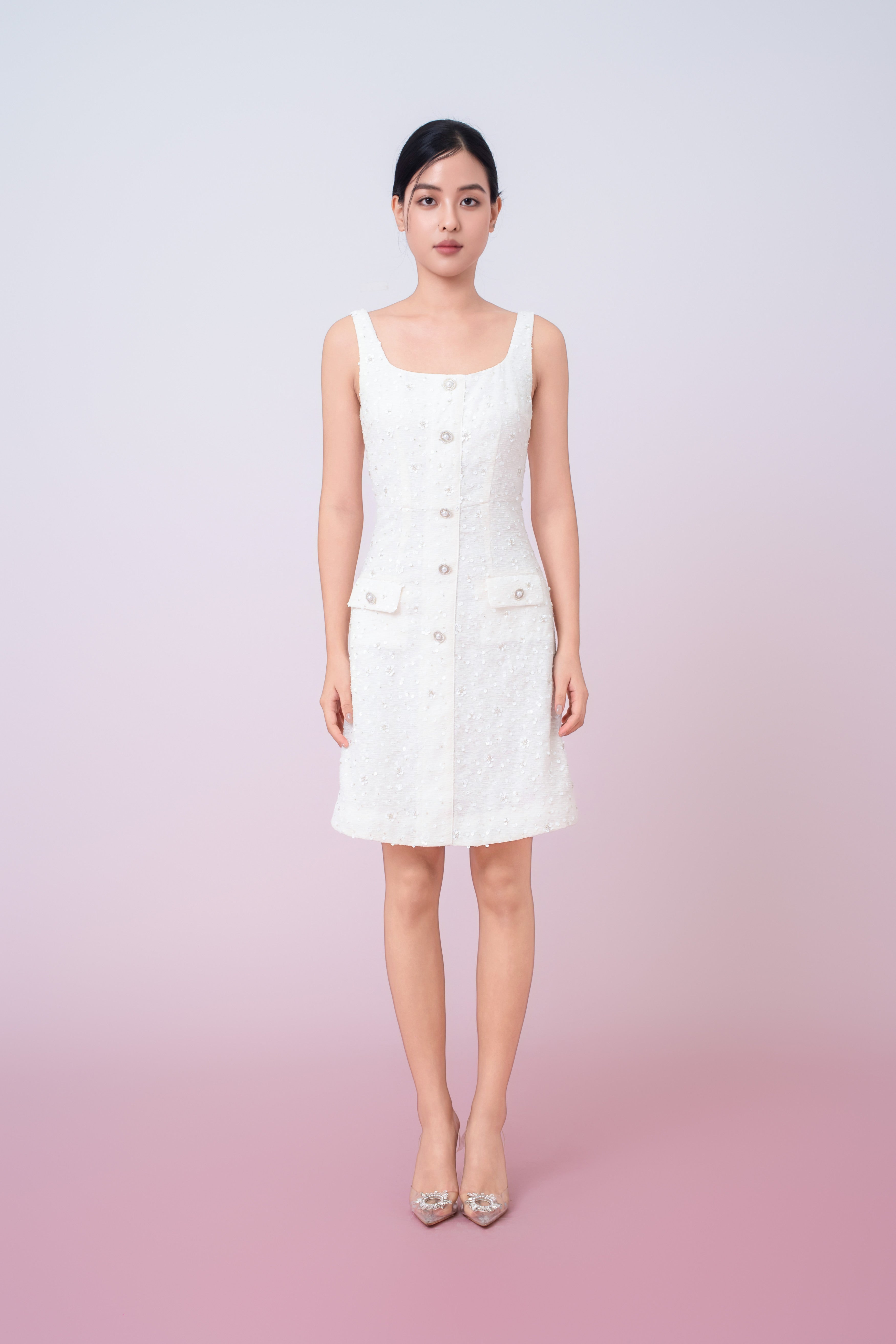 Joelynn Ivory Tweed With Embroidered Front Button Dress