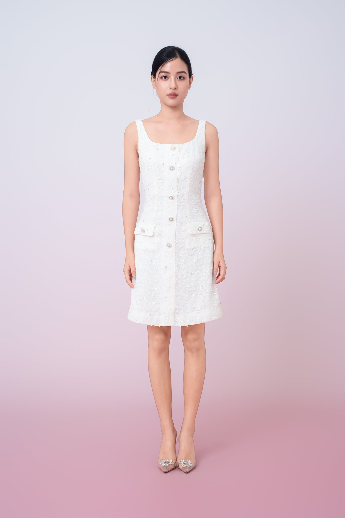 Joelynn Ivory Tweed With Embroidered Front Button Dress