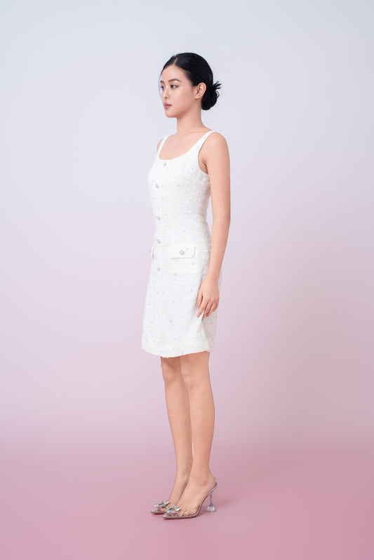 Joelynn Ivory Tweed With Embroidered Front Button Dress