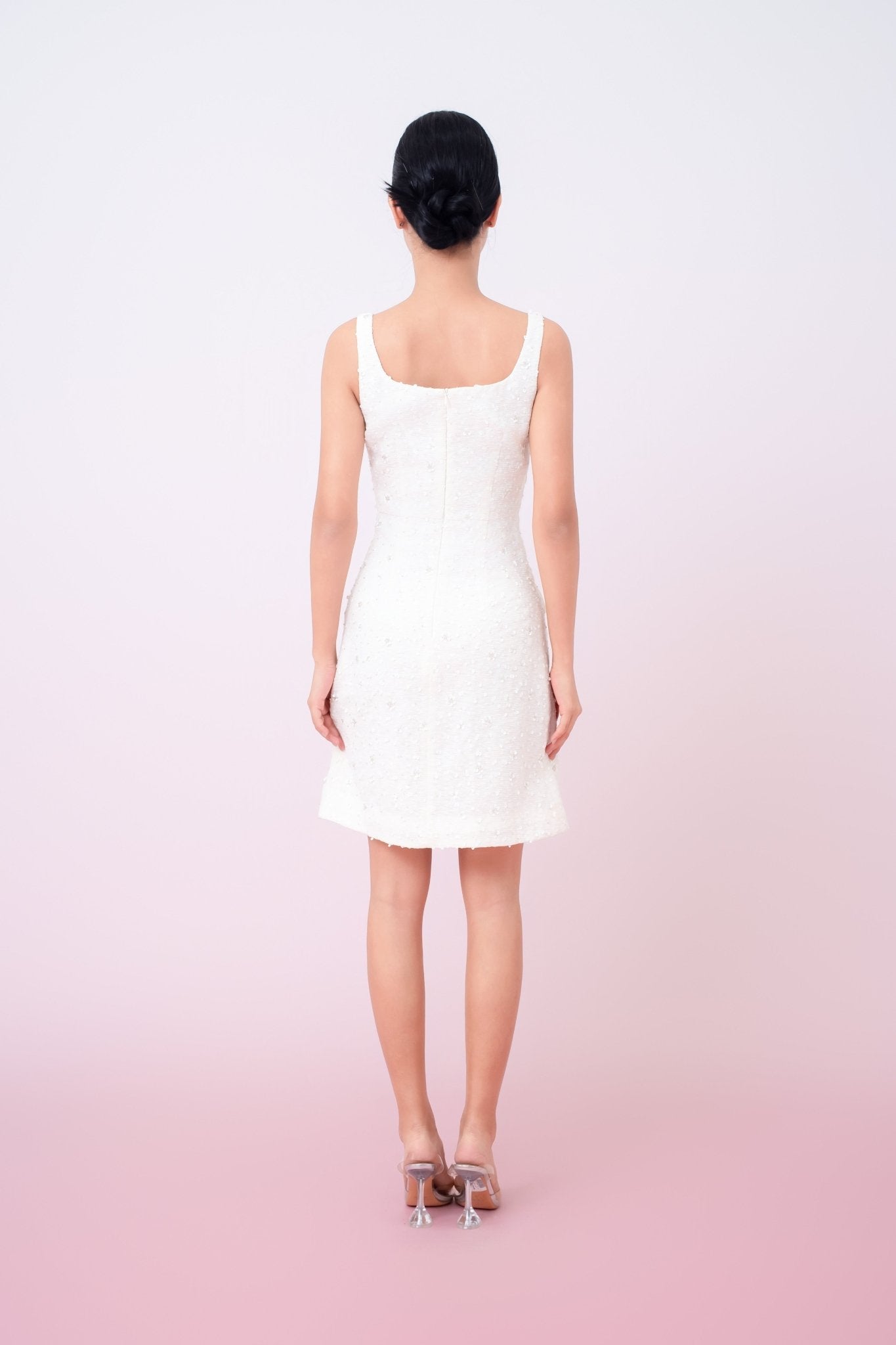 Joelynn Ivory Tweed With Embroidered Front Button Dress - Nimisski