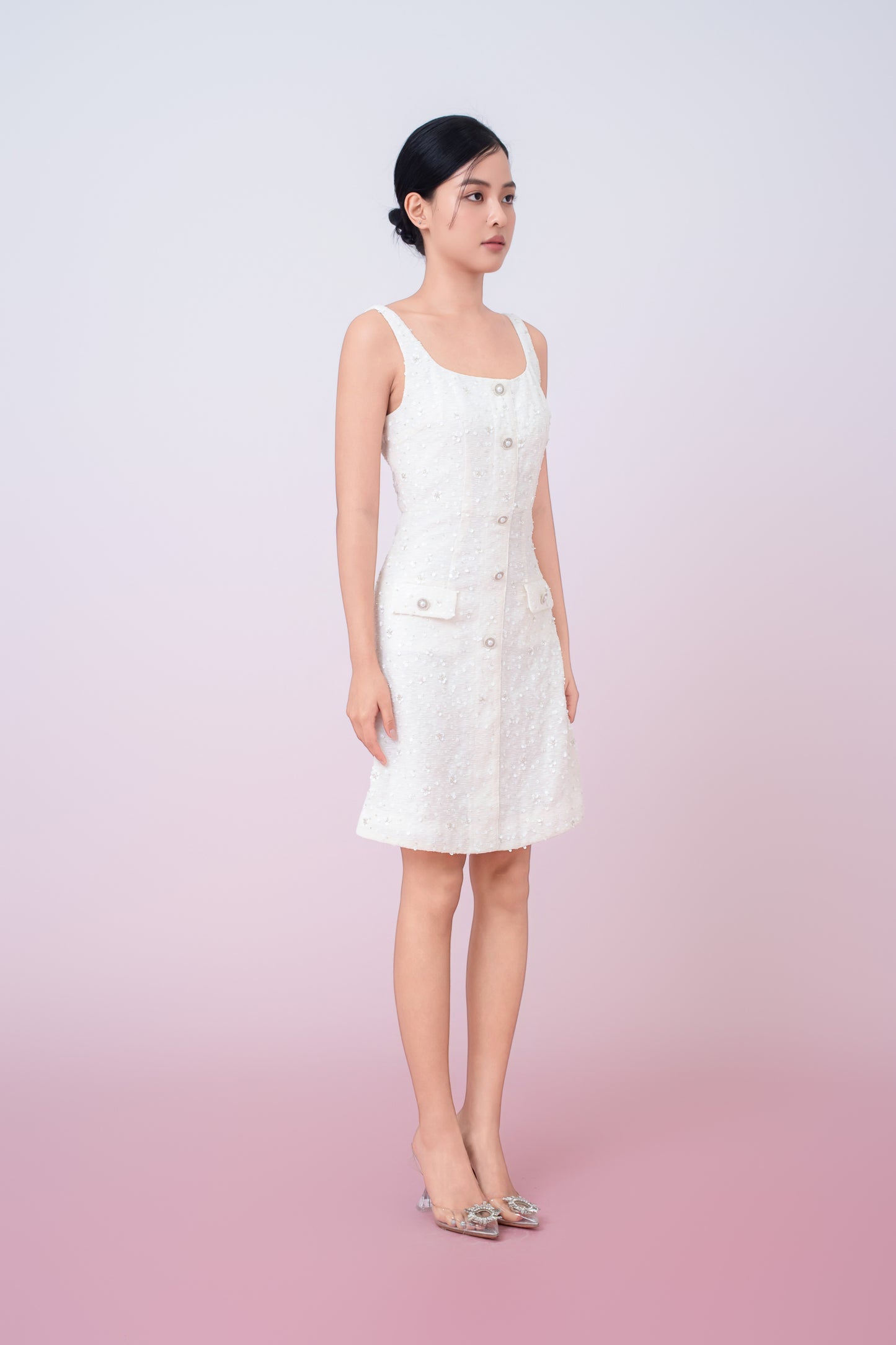 Joelynn Ivory Tweed With Embroidered Front Button Dress