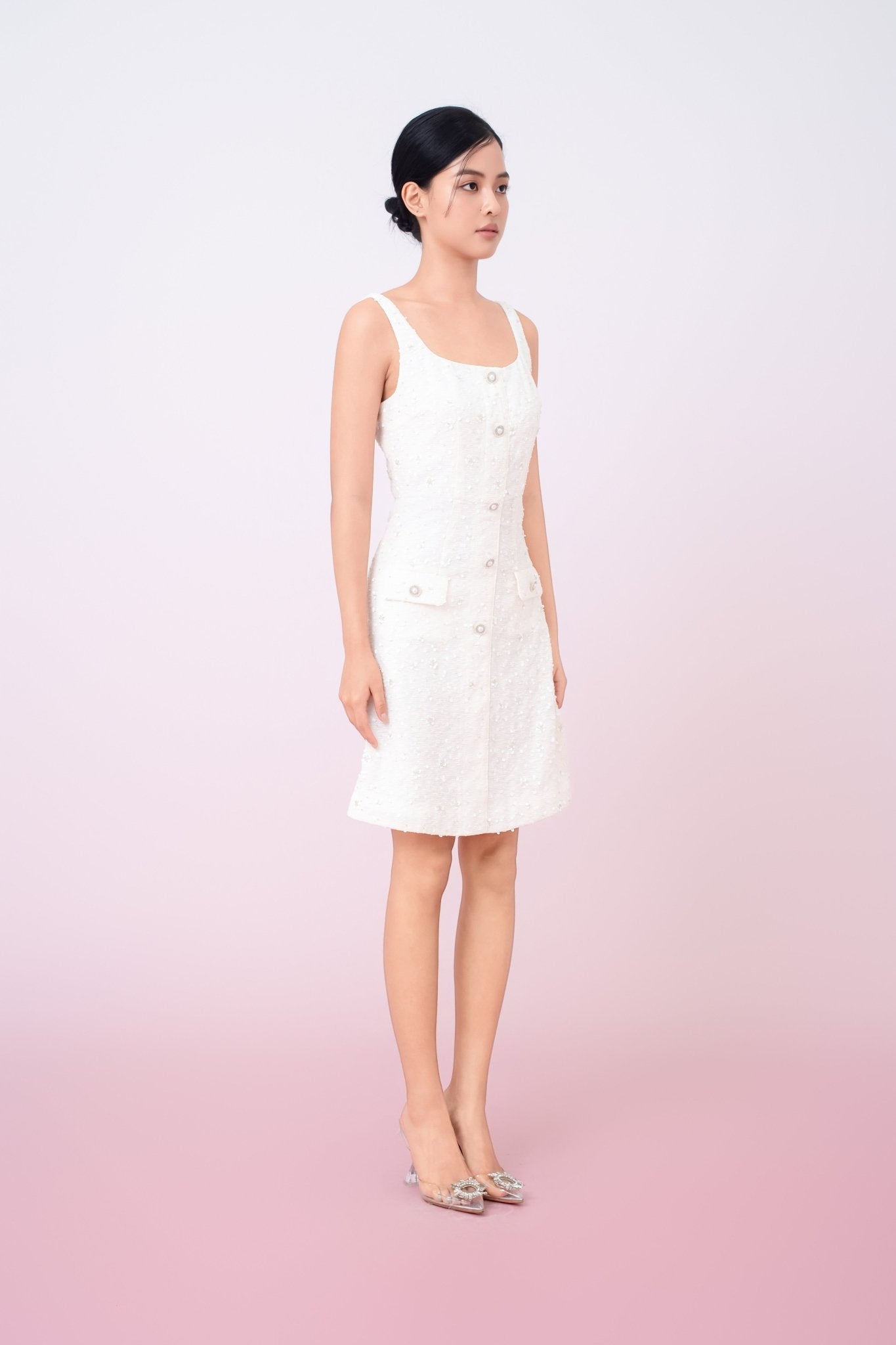 Joelynn Ivory Tweed With Embroidered Front Button Dress - Nimisski