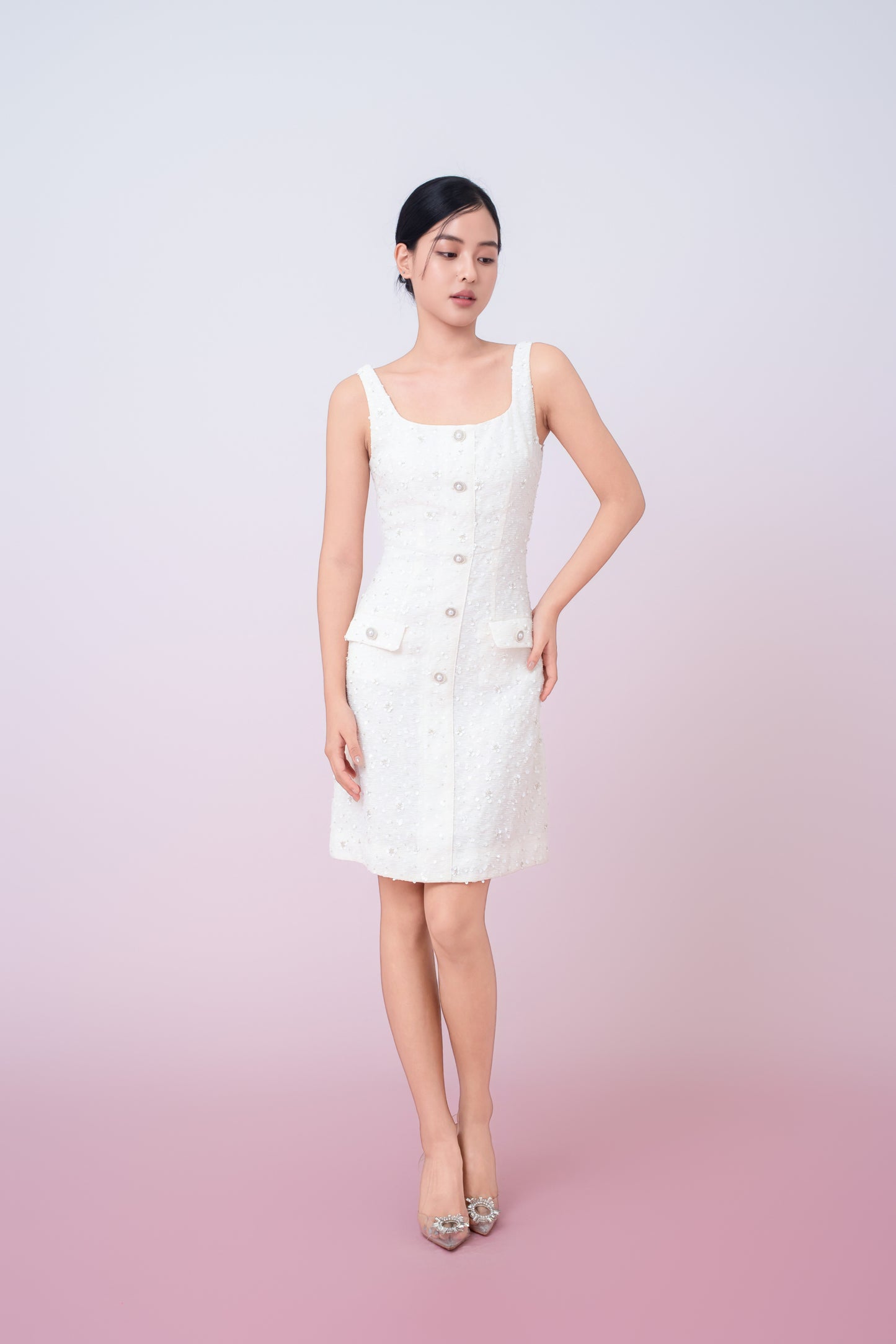 Joelynn Ivory Tweed With Embroidered Front Button Dress