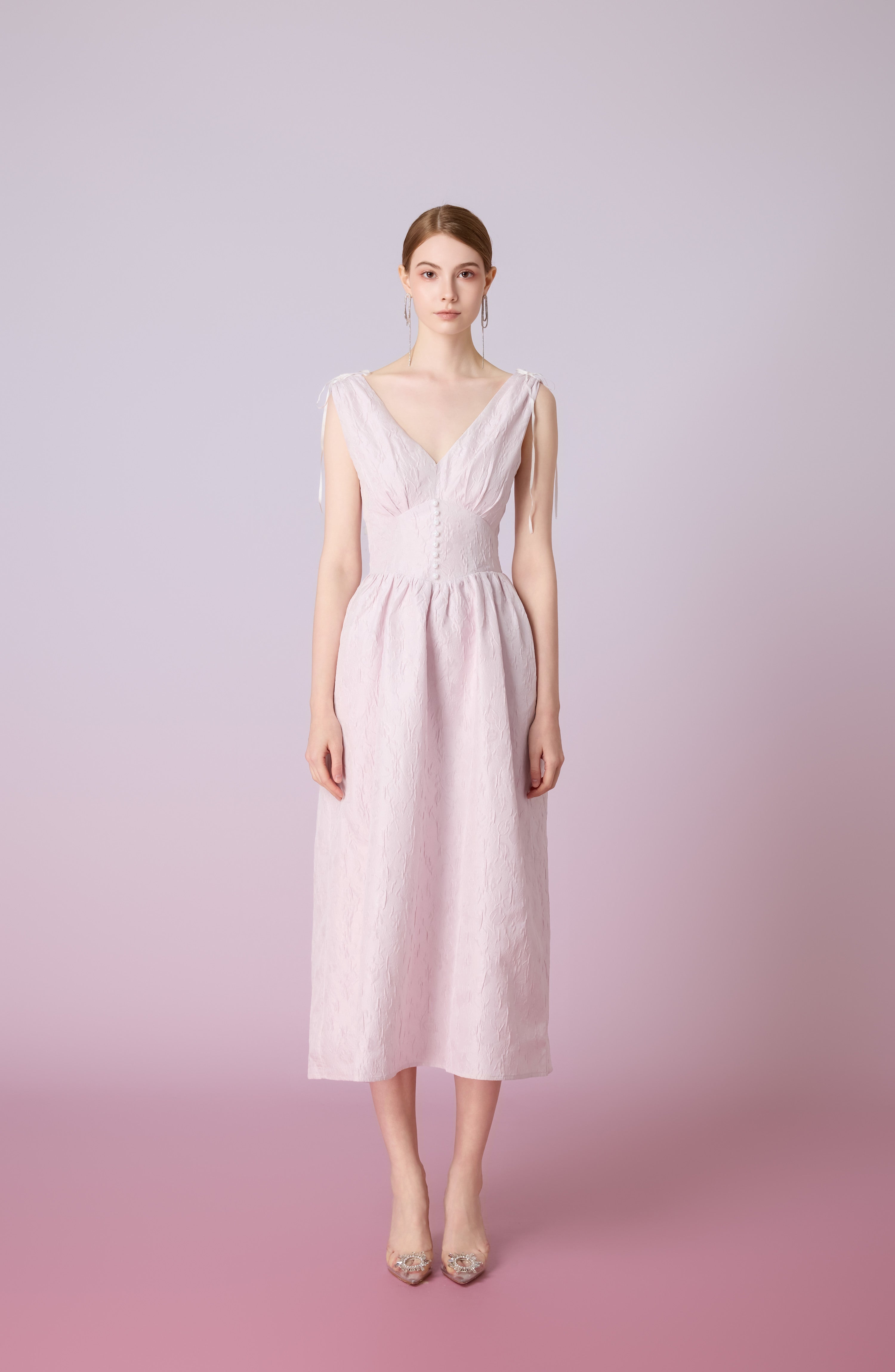 Jacquelle Pink Jacquard V-Neck Waist Dress