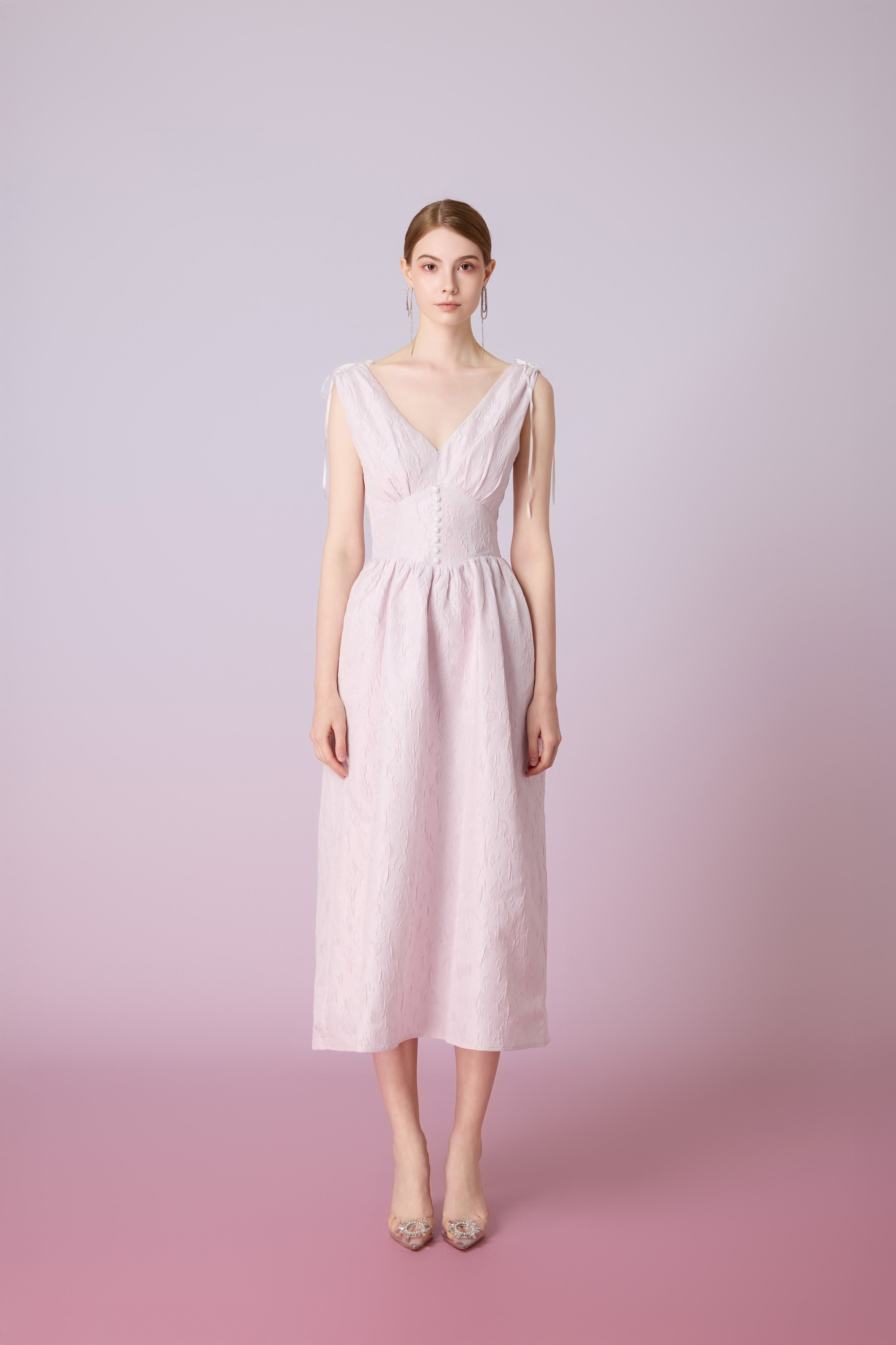 Jacquelle Pink Jacquard V-Neck Waist Dress