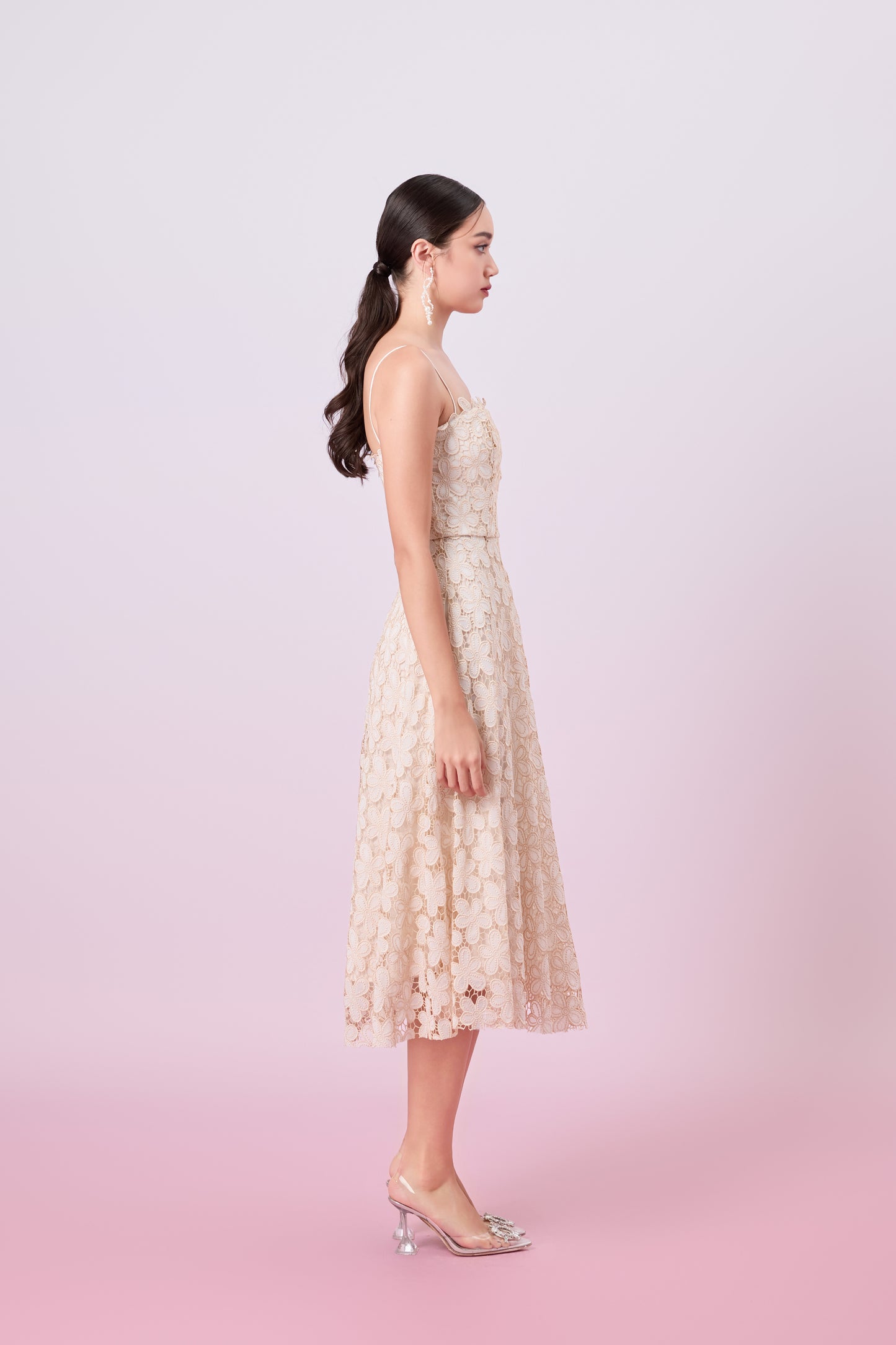 Juelline Beige Flower Lace Long Dress