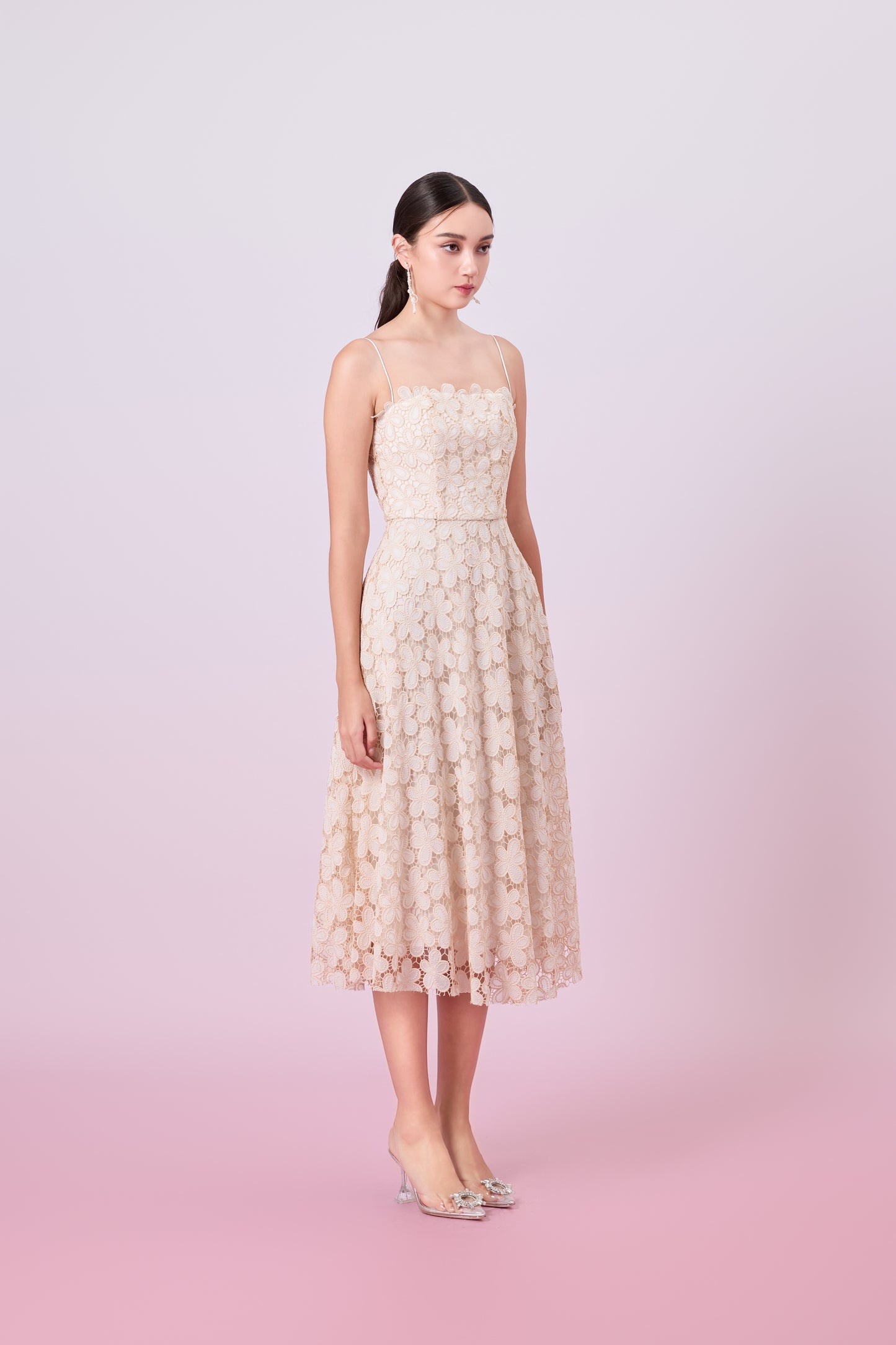 Juelline Beige Flower Lace Long Dress