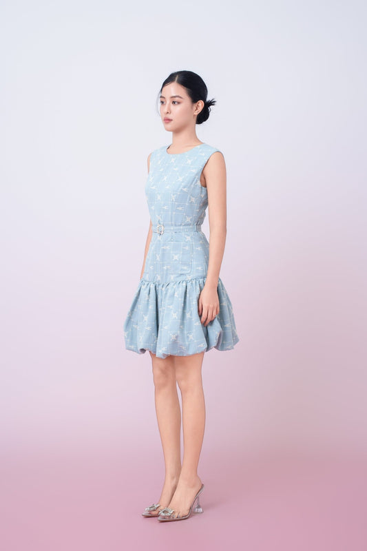 Jean Light Blue Embroidered Bubble Dress - Nimisski