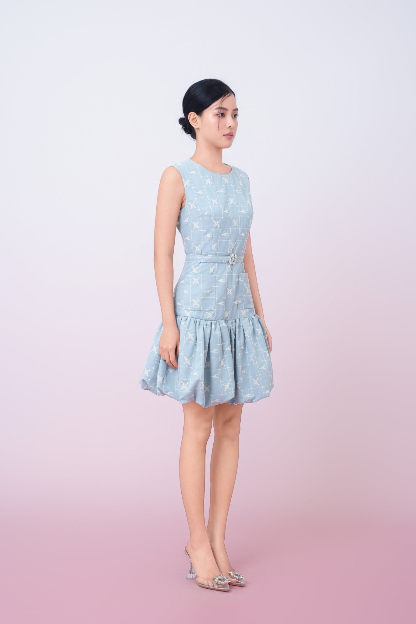 Jean Light Blue Embroidered Bubble Dress - Nimisski