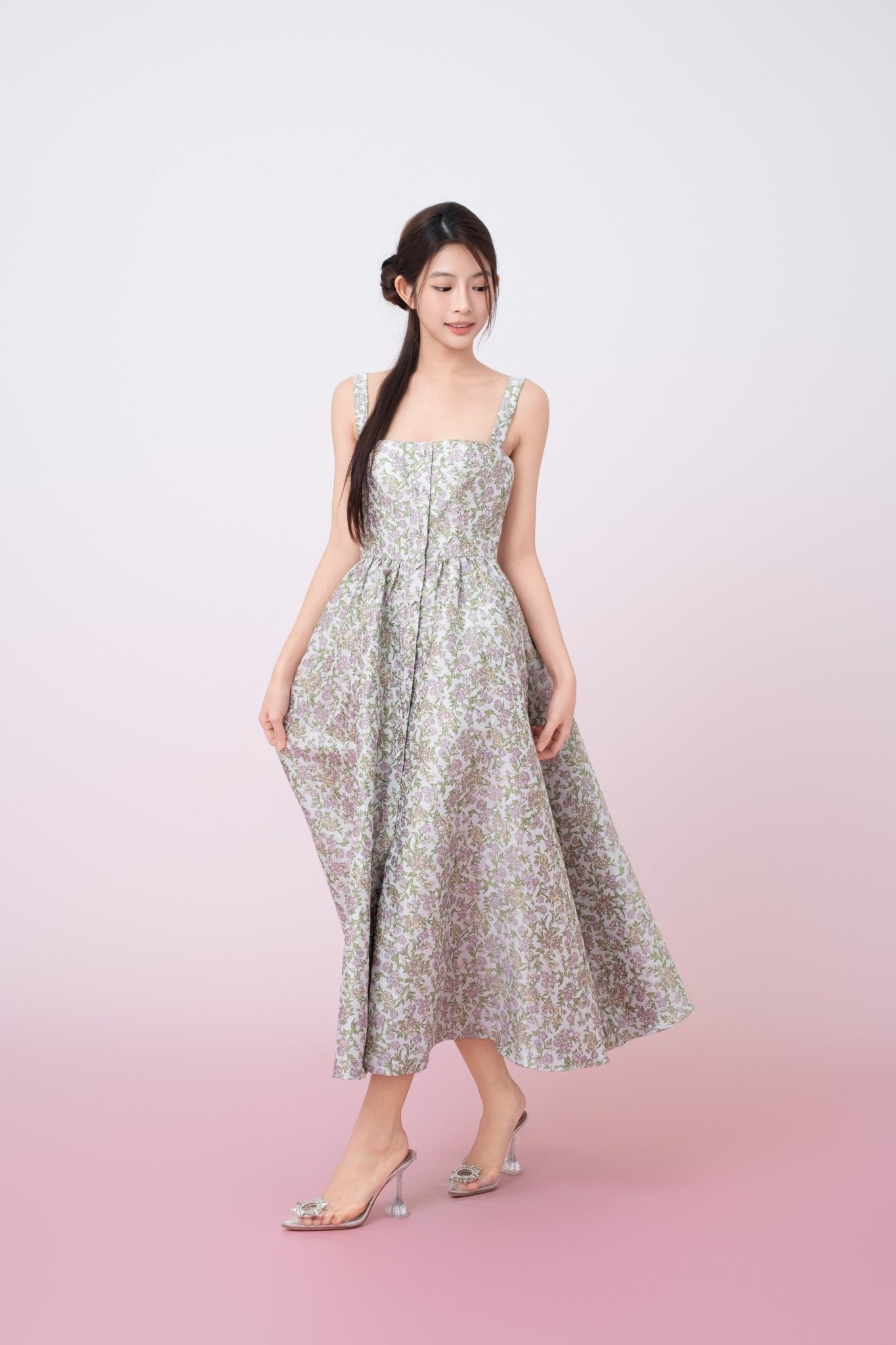 Jaquelynn Purple Floral Print Button - Front Dress - Nimisski