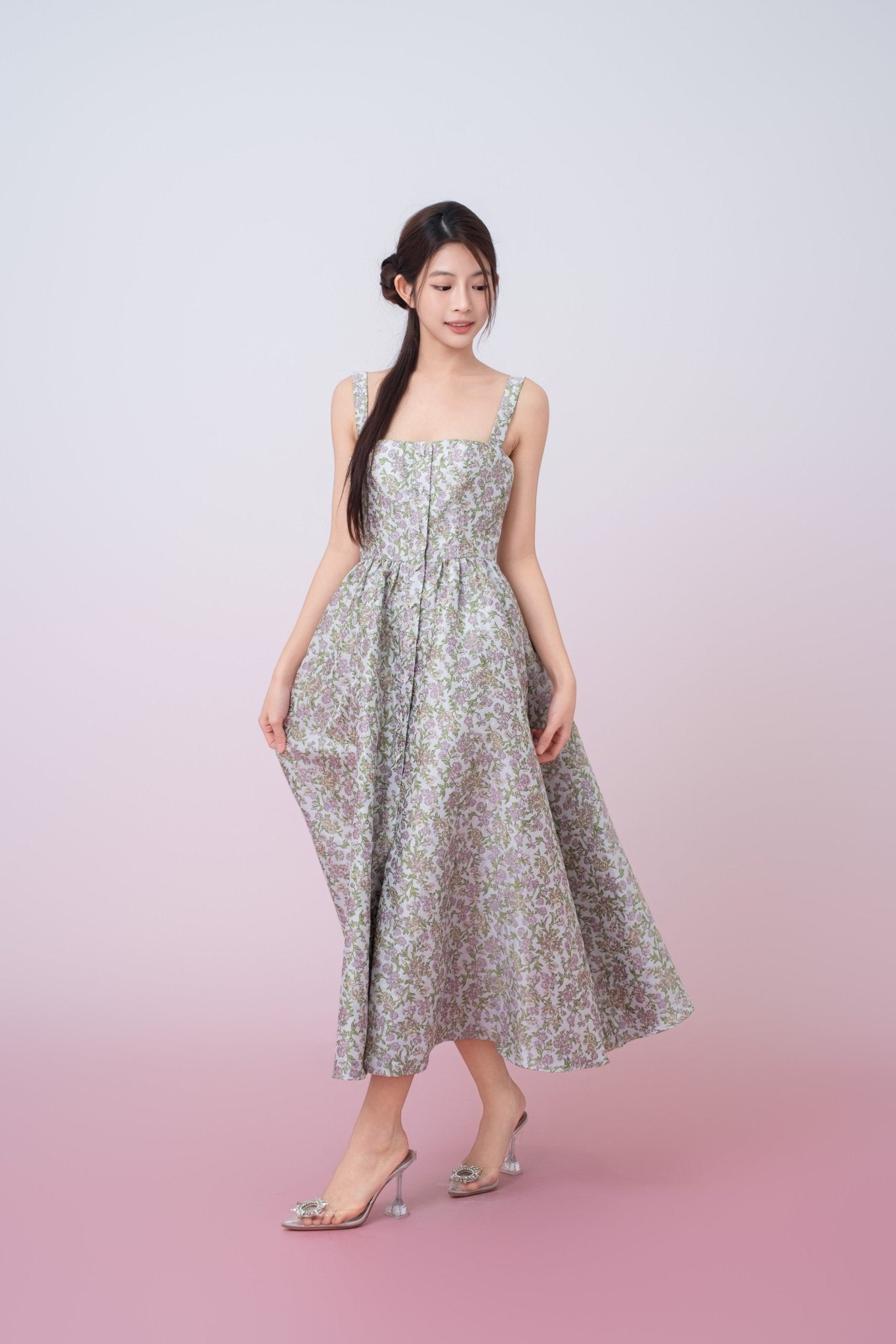 Jaquelynn Purple Floral Print Button - Front Dress - Nimisski