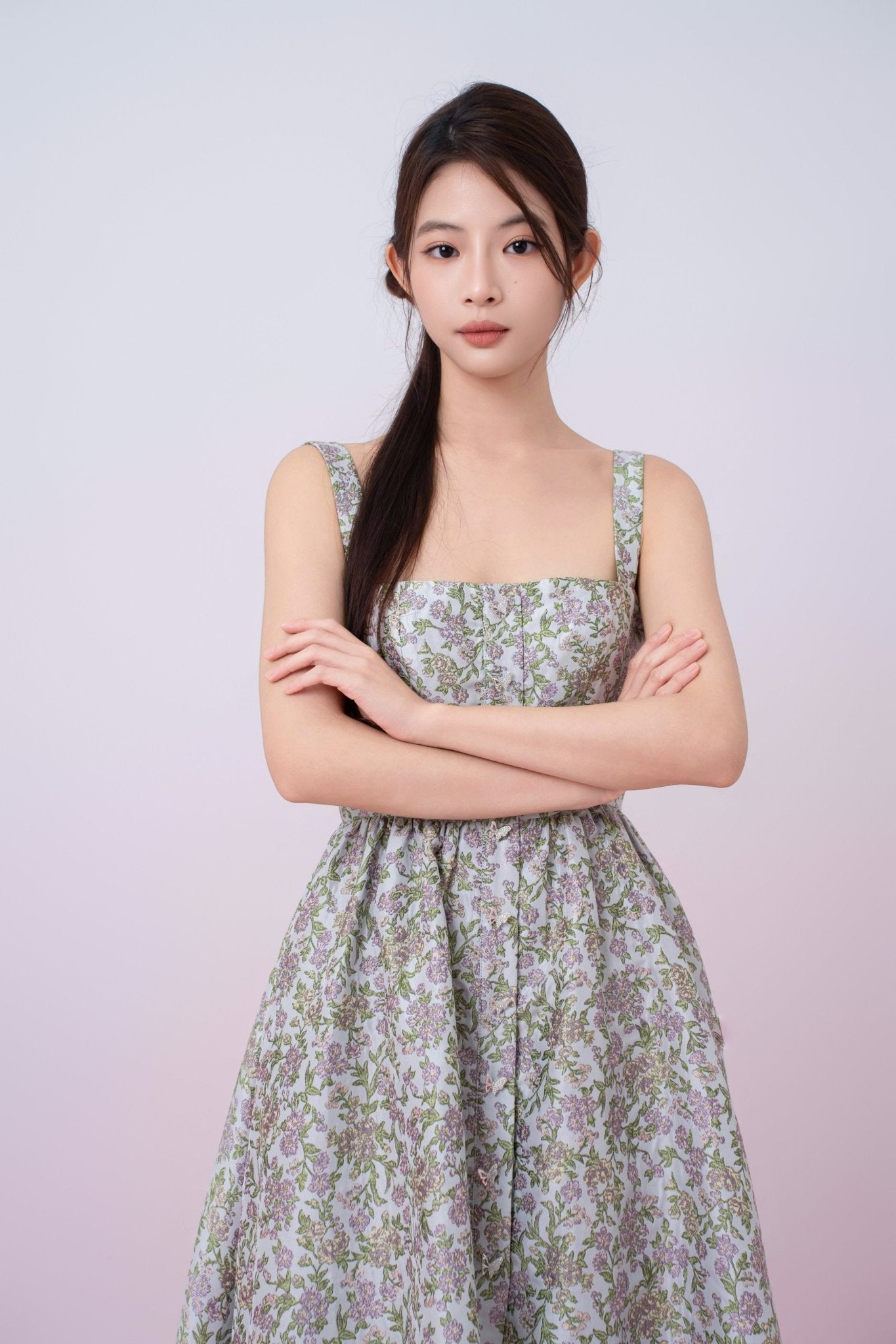 Jaquelynn Purple Floral Print Button - Front Dress - Nimisski