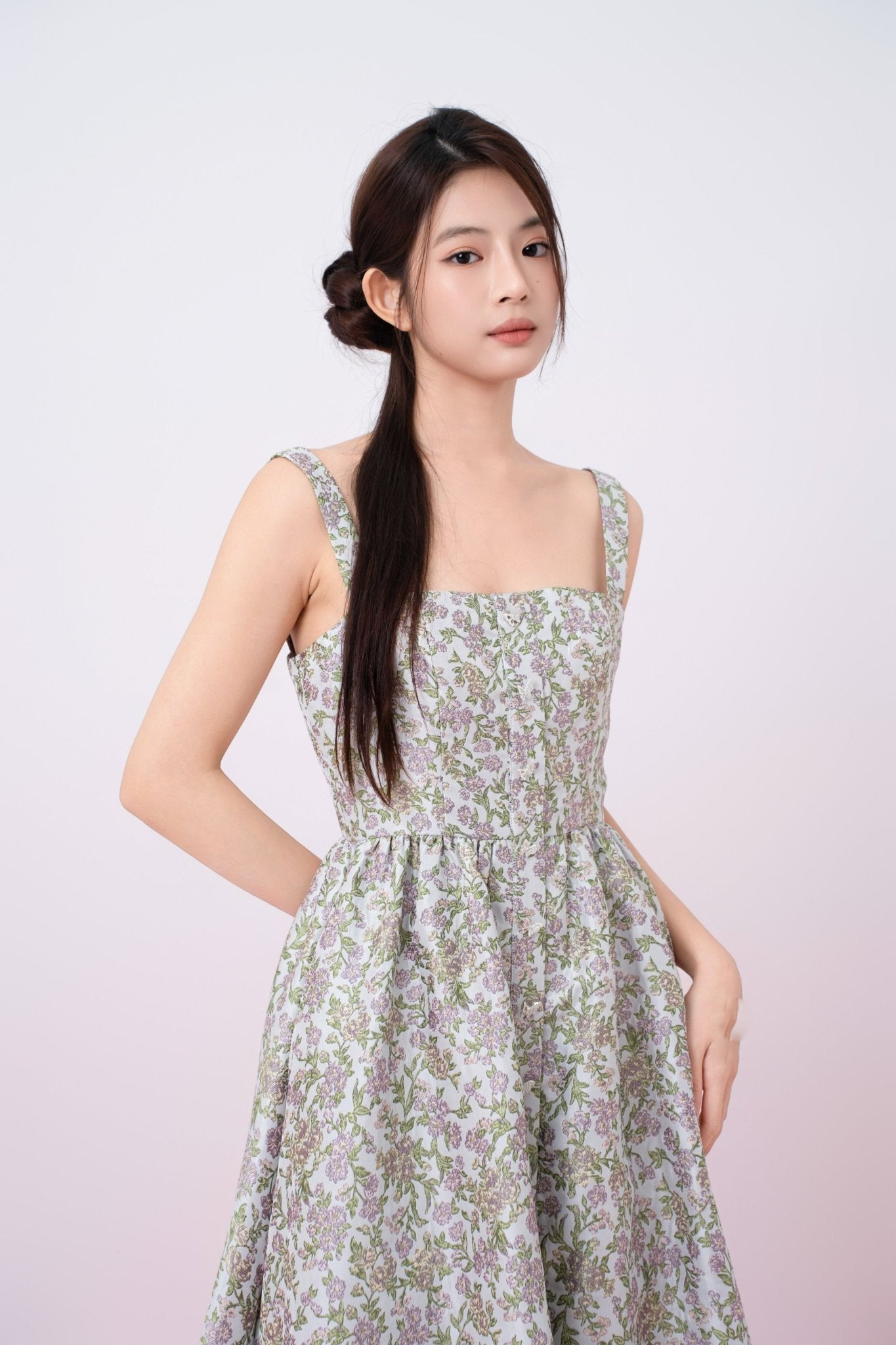 Jaquelynn Purple Floral Print Button - Front Dress - Nimisski