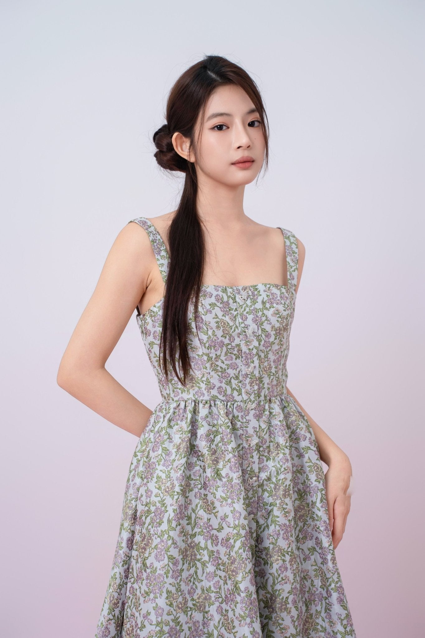 Jaquelynn Purple Floral Print Button - Front Dress - Nimisski