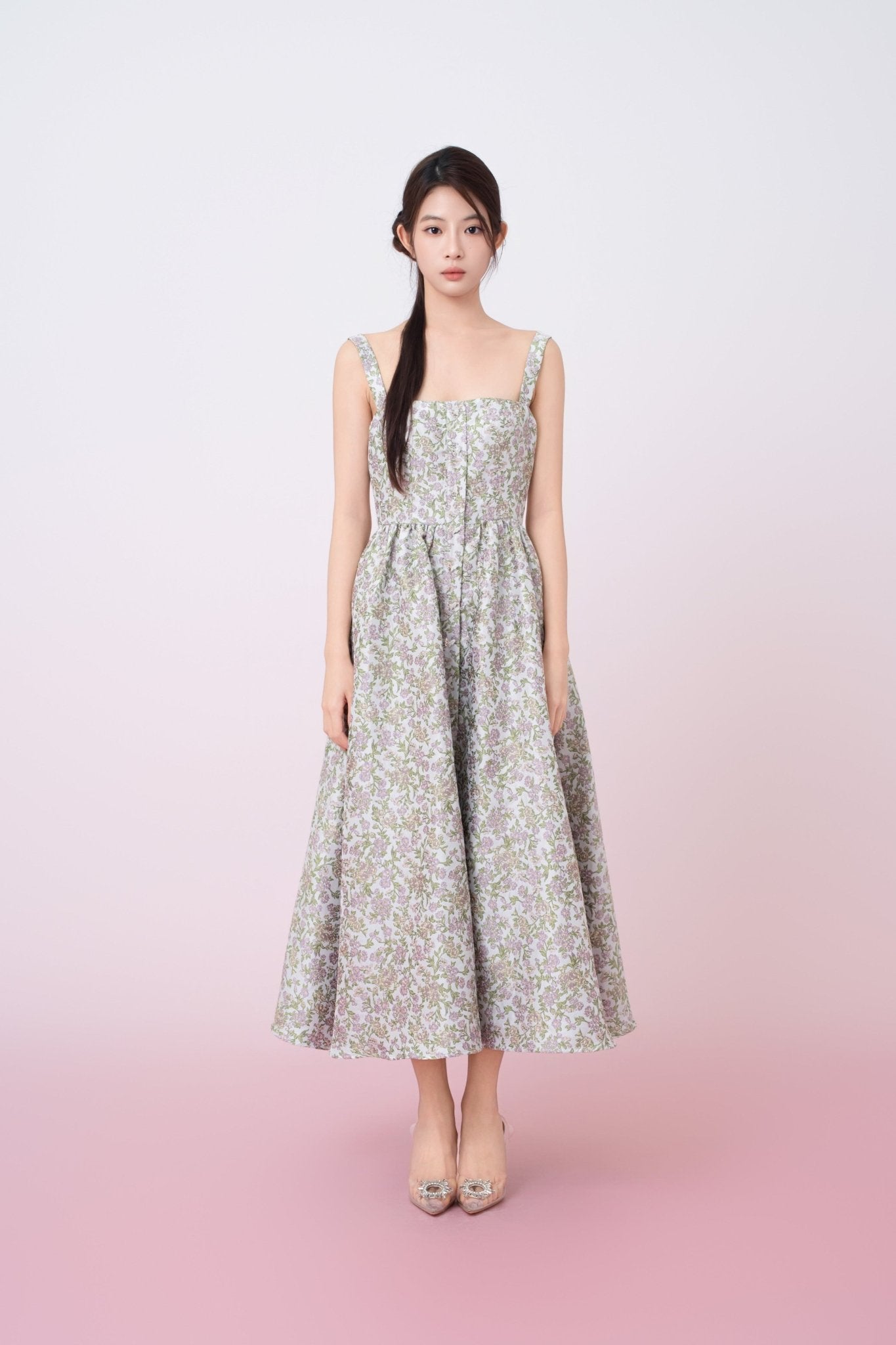 Jaquelynn Purple Floral Print Button - Front Dress - Nimisski