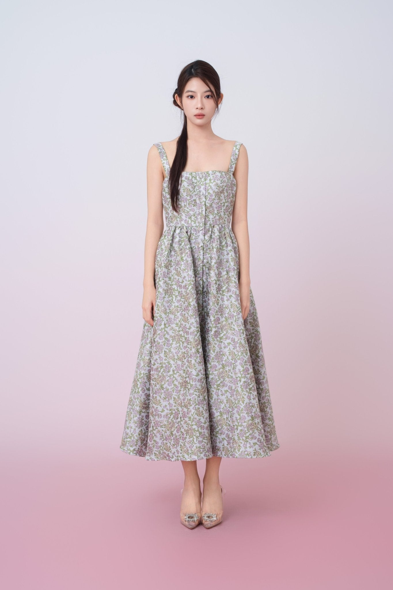 Jaquelynn Purple Floral Print Button - Front Dress - Nimisski