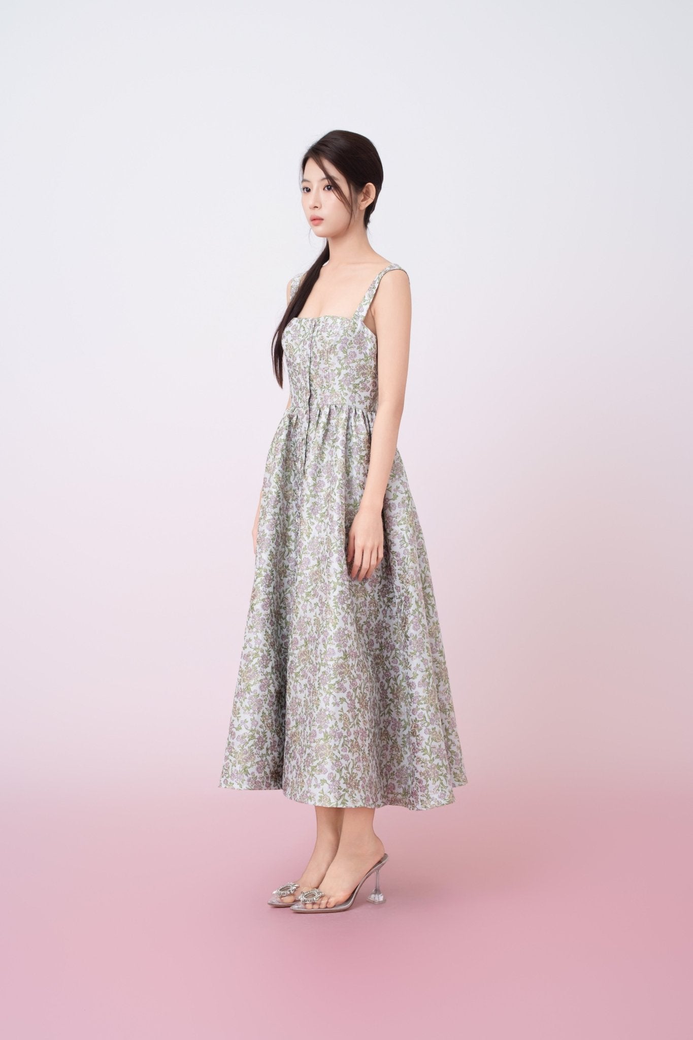 Jaquelynn Purple Floral Print Button - Front Dress - Nimisski