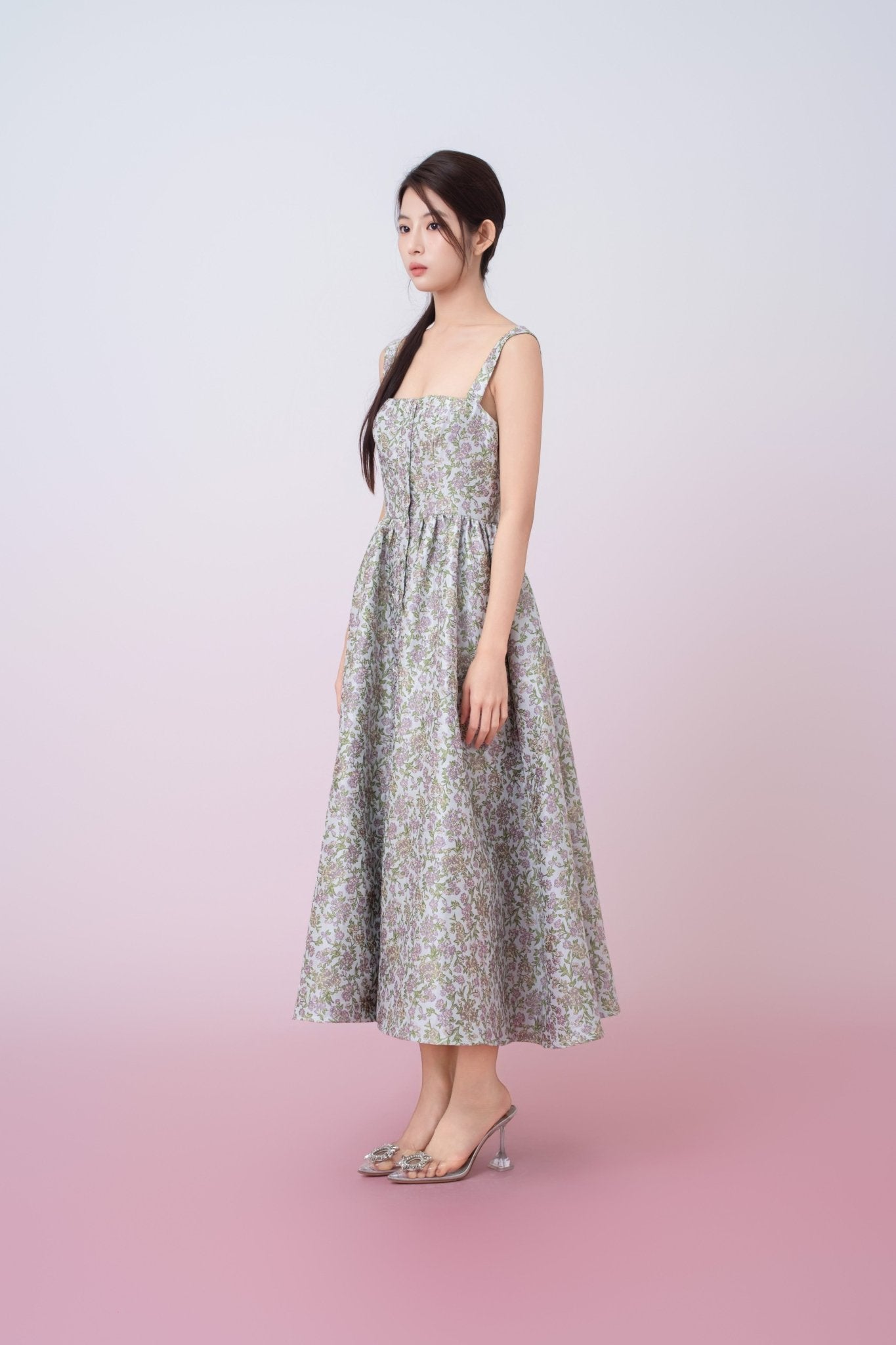 Jaquelynn Purple Floral Print Button - Front Dress - Nimisski