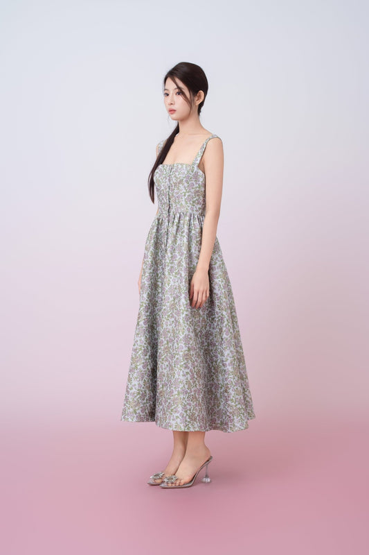 Jaquelynn Purple Floral Print Button - Front Dress - Nimisski