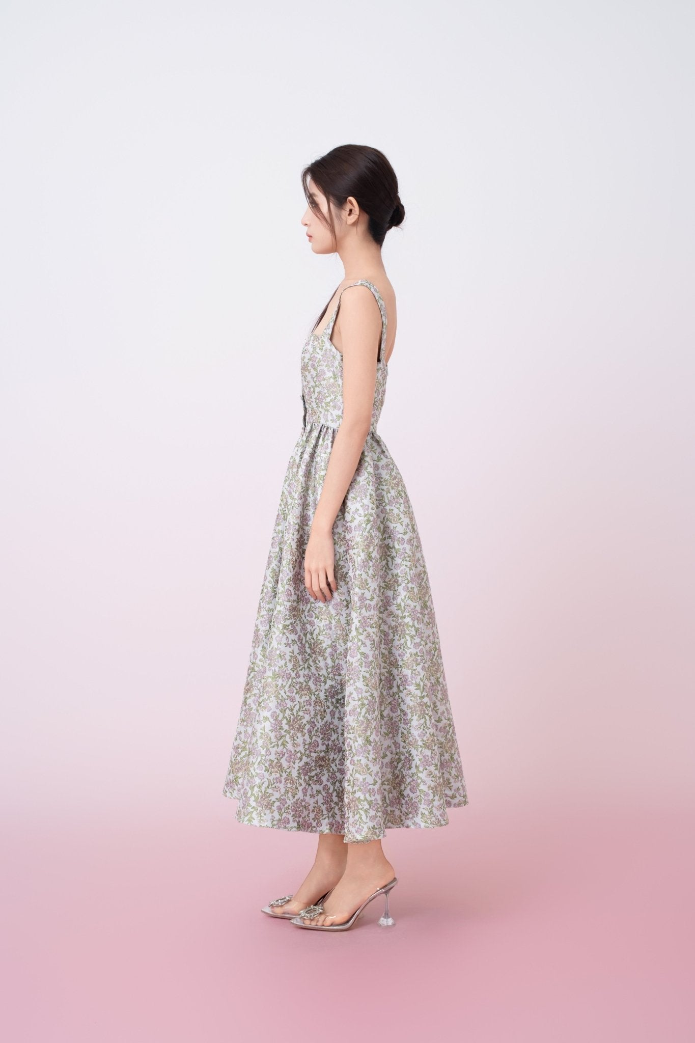 Jaquelynn Purple Floral Print Button - Front Dress - Nimisski