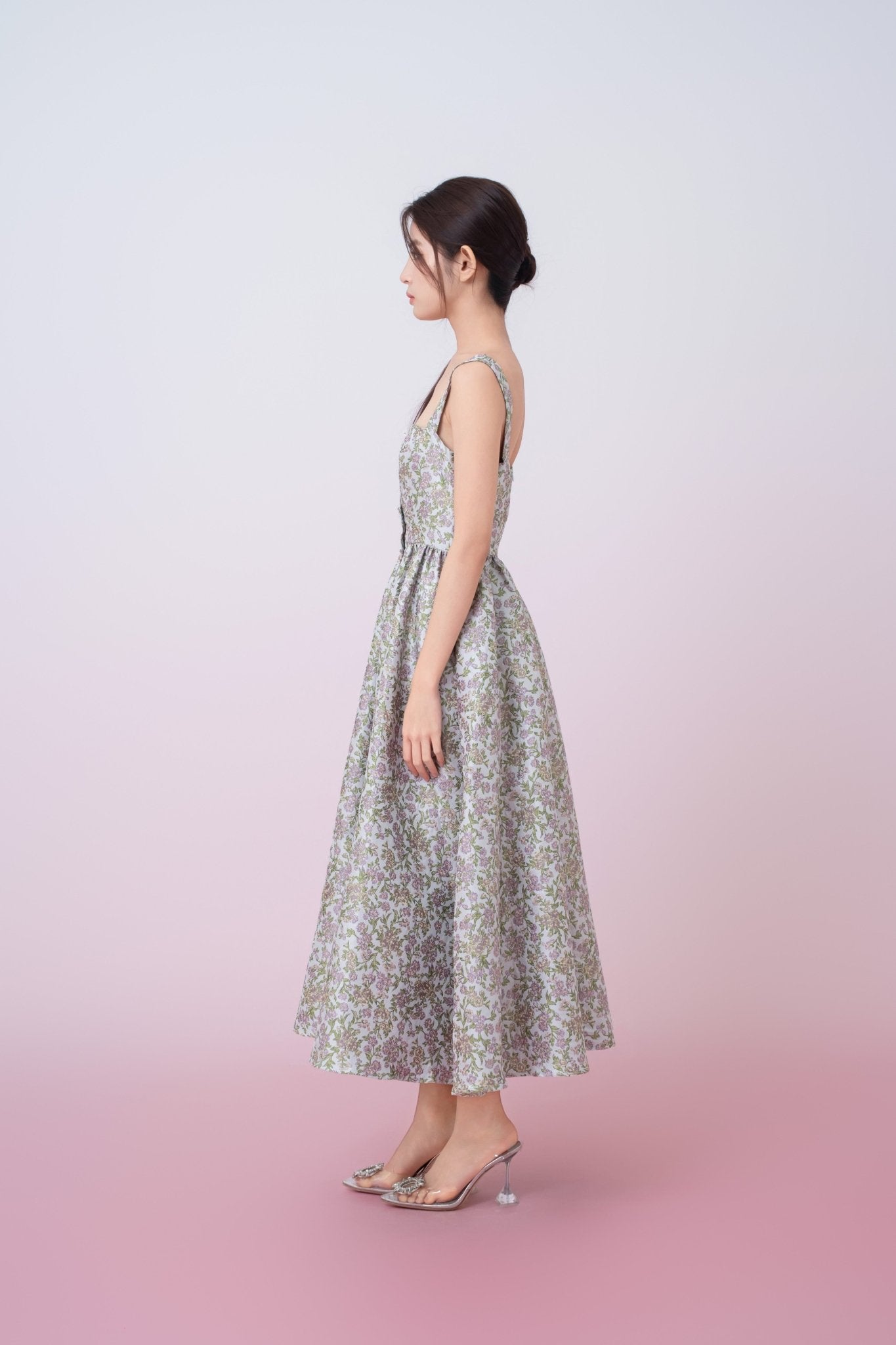 Jaquelynn Purple Floral Print Button - Front Dress - Nimisski