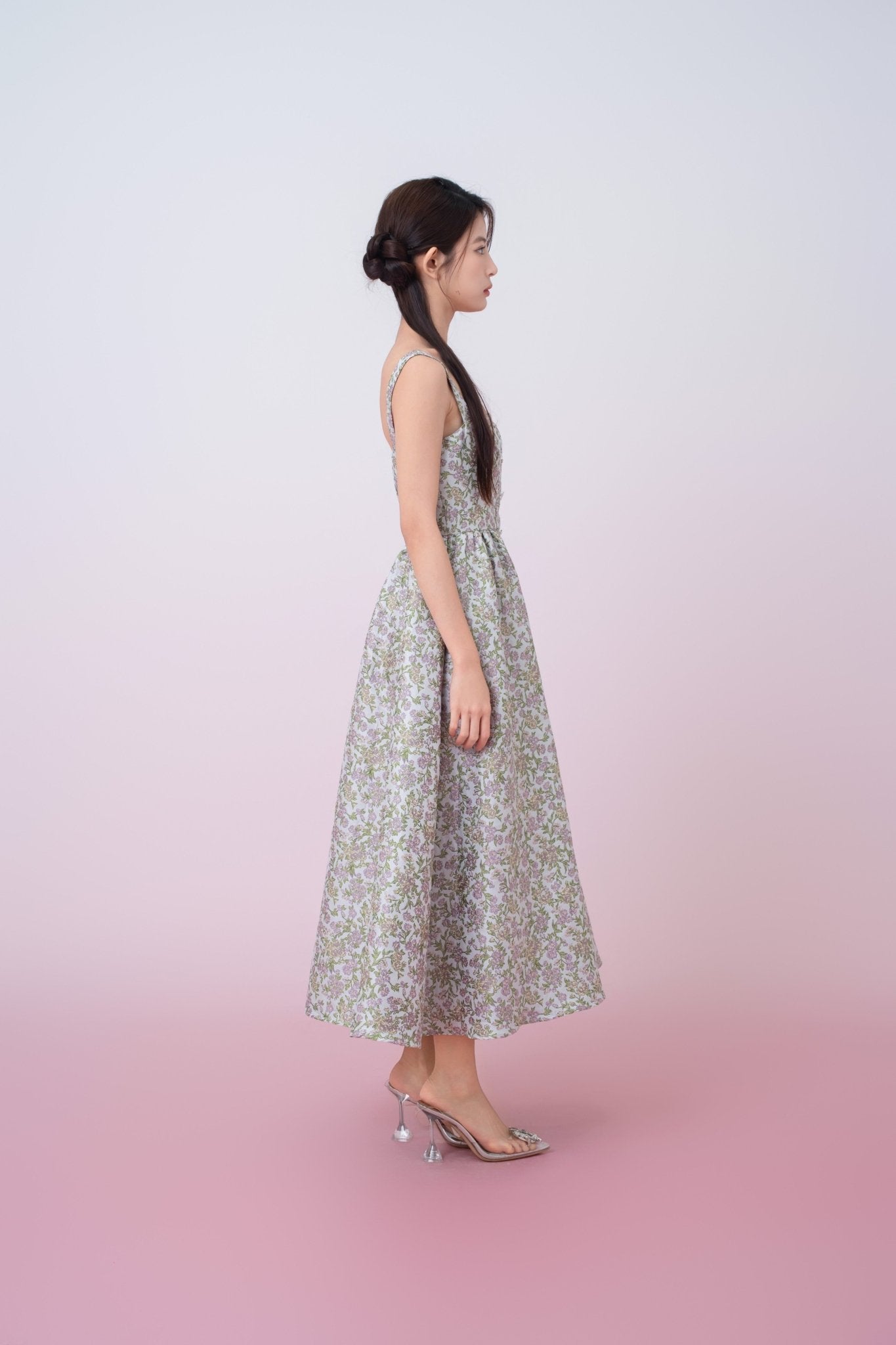 Jaquelynn Purple Floral Print Button - Front Dress - Nimisski