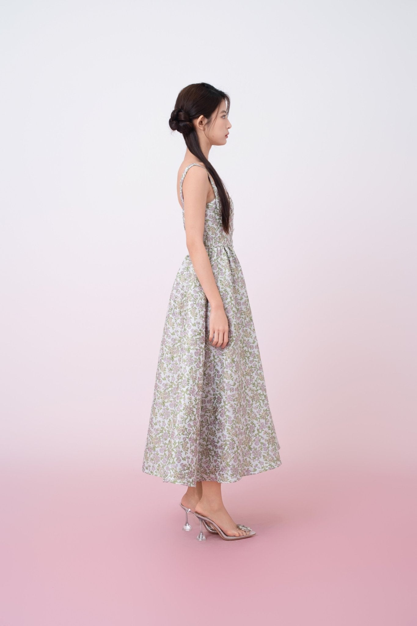 Jaquelynn Purple Floral Print Button - Front Dress - Nimisski