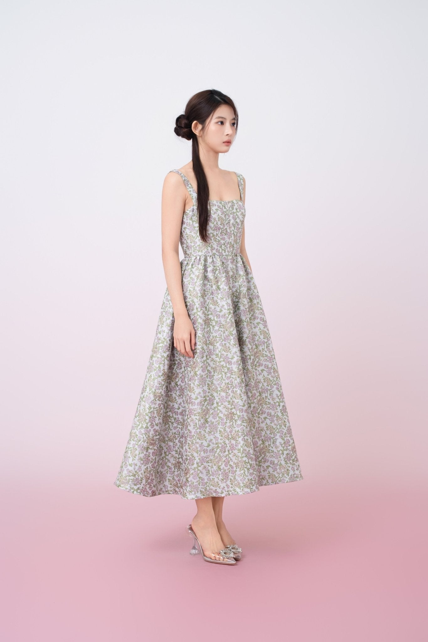 Jaquelynn Purple Floral Print Button - Front Dress - Nimisski