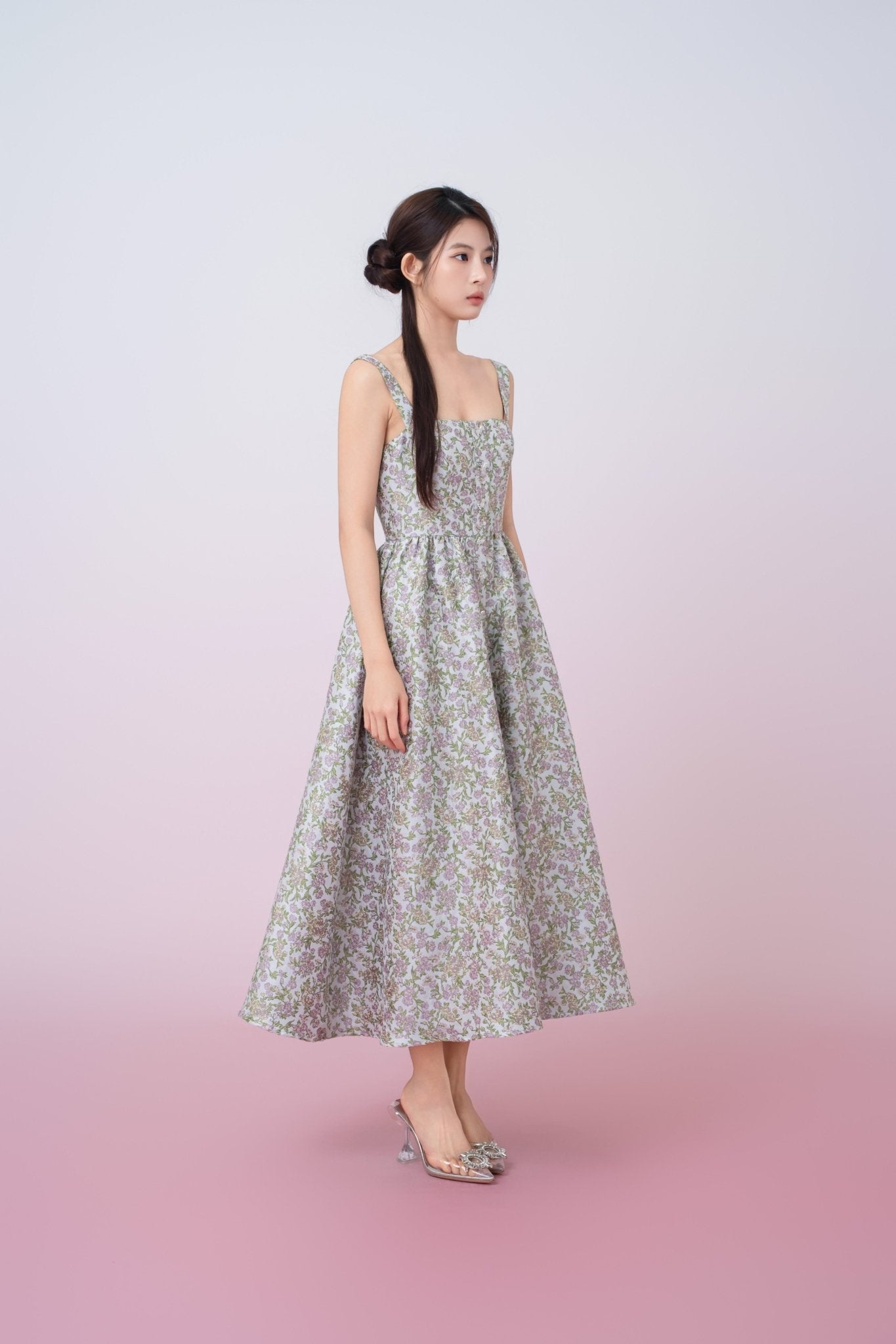 Jaquelynn Purple Floral Print Button - Front Dress - Nimisski