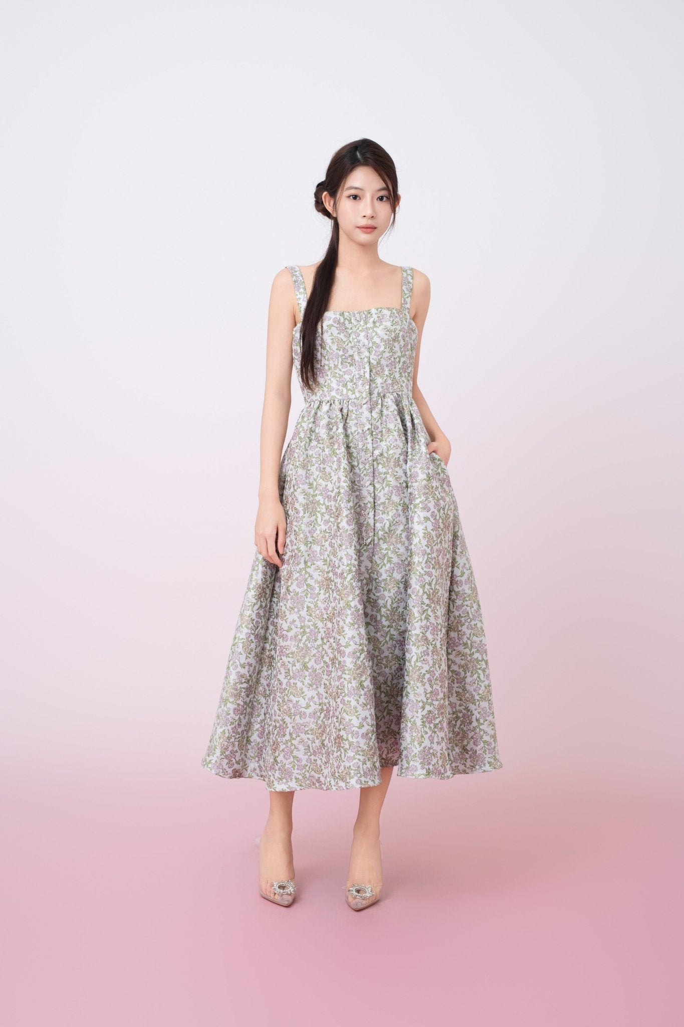 Jaquelynn Purple Floral Print Button - Front Dress - Nimisski