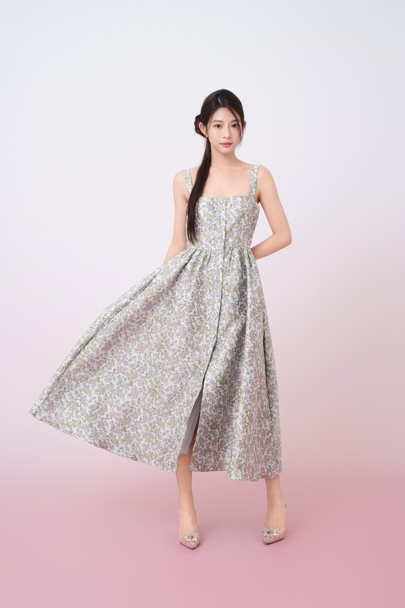 Jaquelynn Purple Floral Print Button - Front Dress - Nimisski