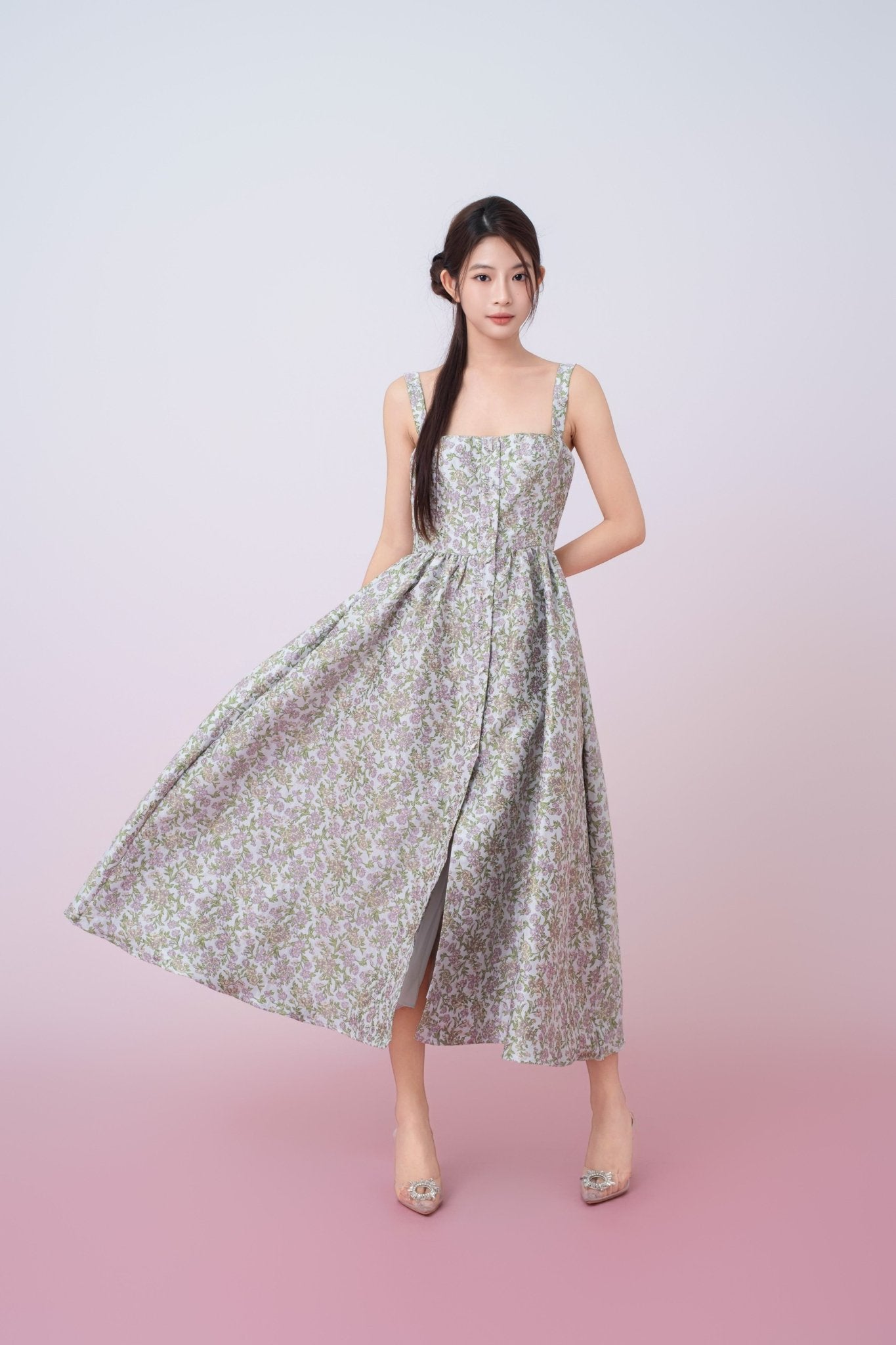 Jaquelynn Purple Floral Print Button - Front Dress - Nimisski