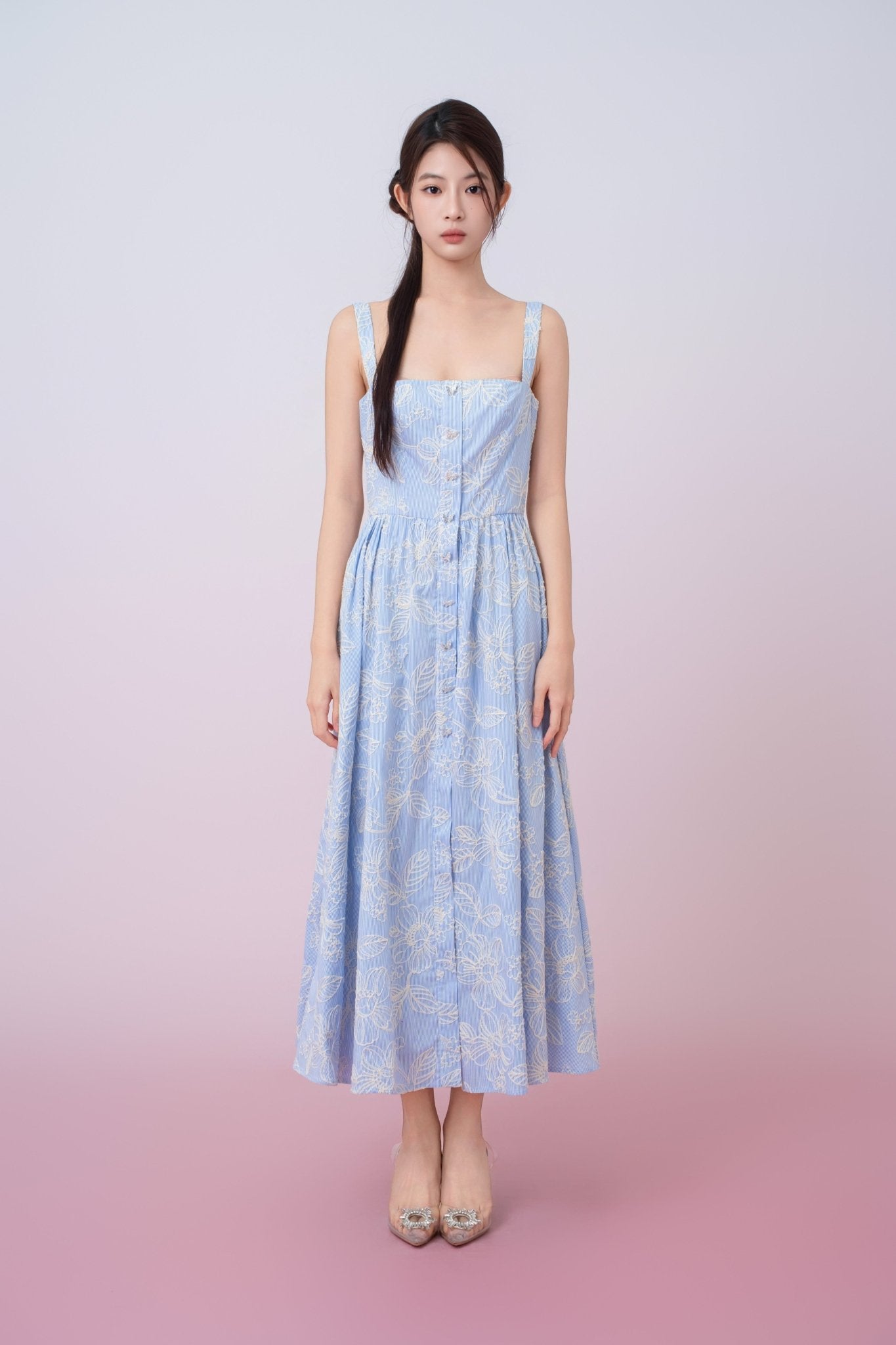 Jaquelynn Cream Floral Emb In Light Blue Button - Front Dress - Nimisski