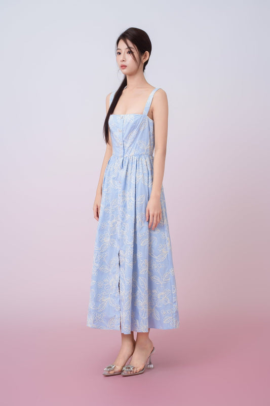 Jaquelynn Cream Floral Emb In Light Blue Button - Front Dress - Nimisski