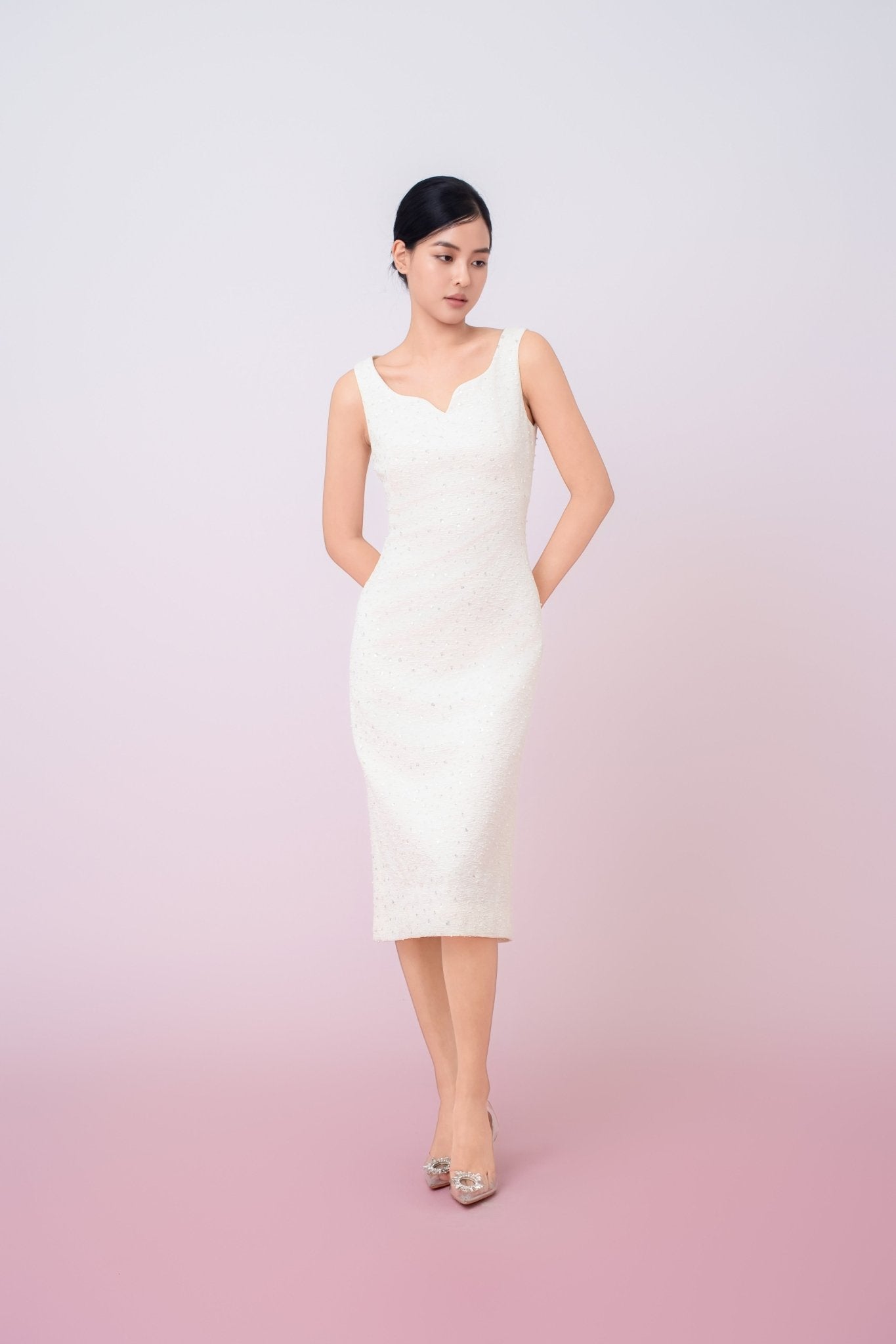 Joely Cream Embellished Shealth Dress - Nimisski