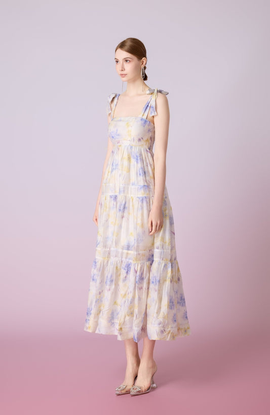 Edie White With Blue Print Long Dress - Nimisski