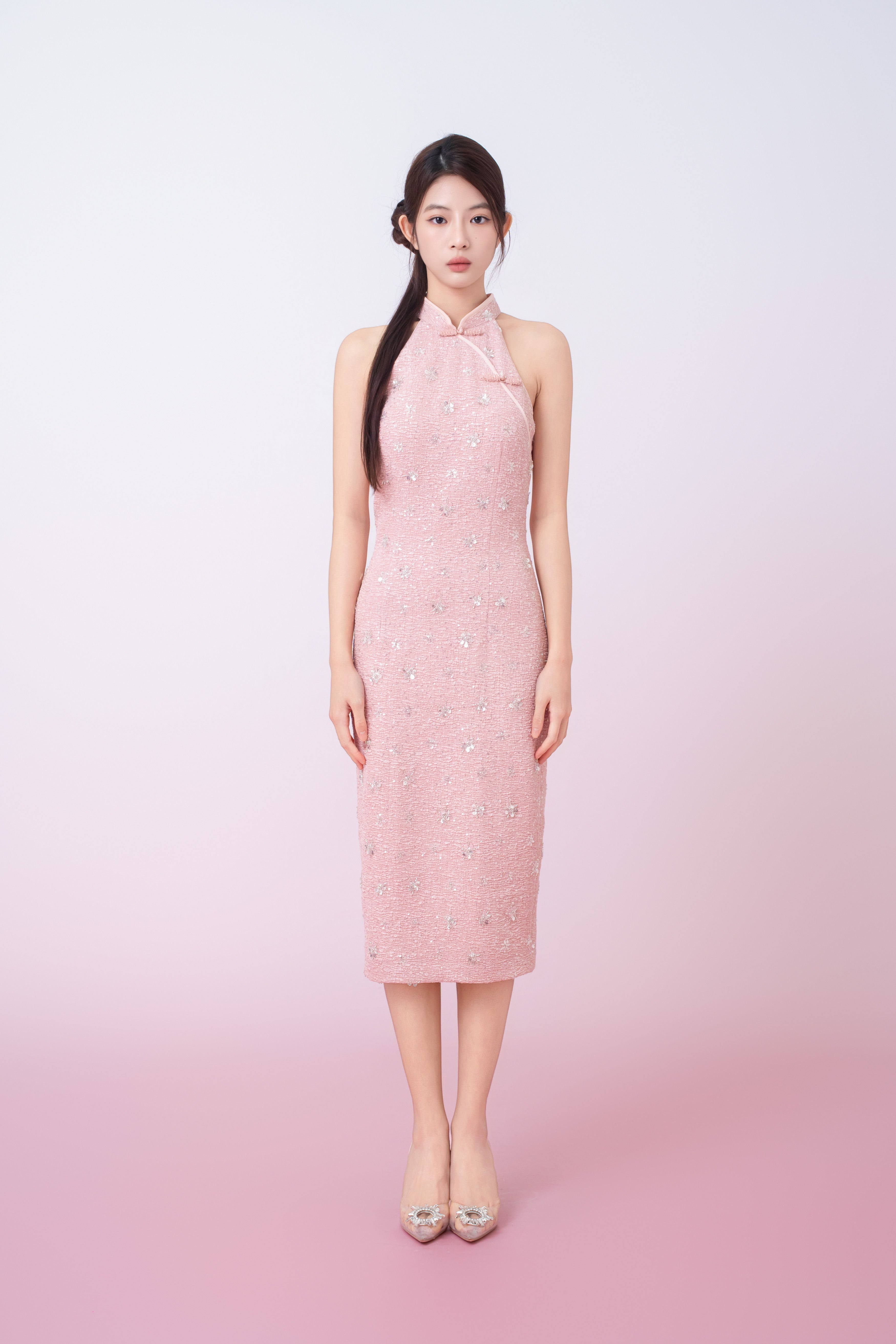 Gavraila Pink Tweed With Embellishments Cheongsam Dress