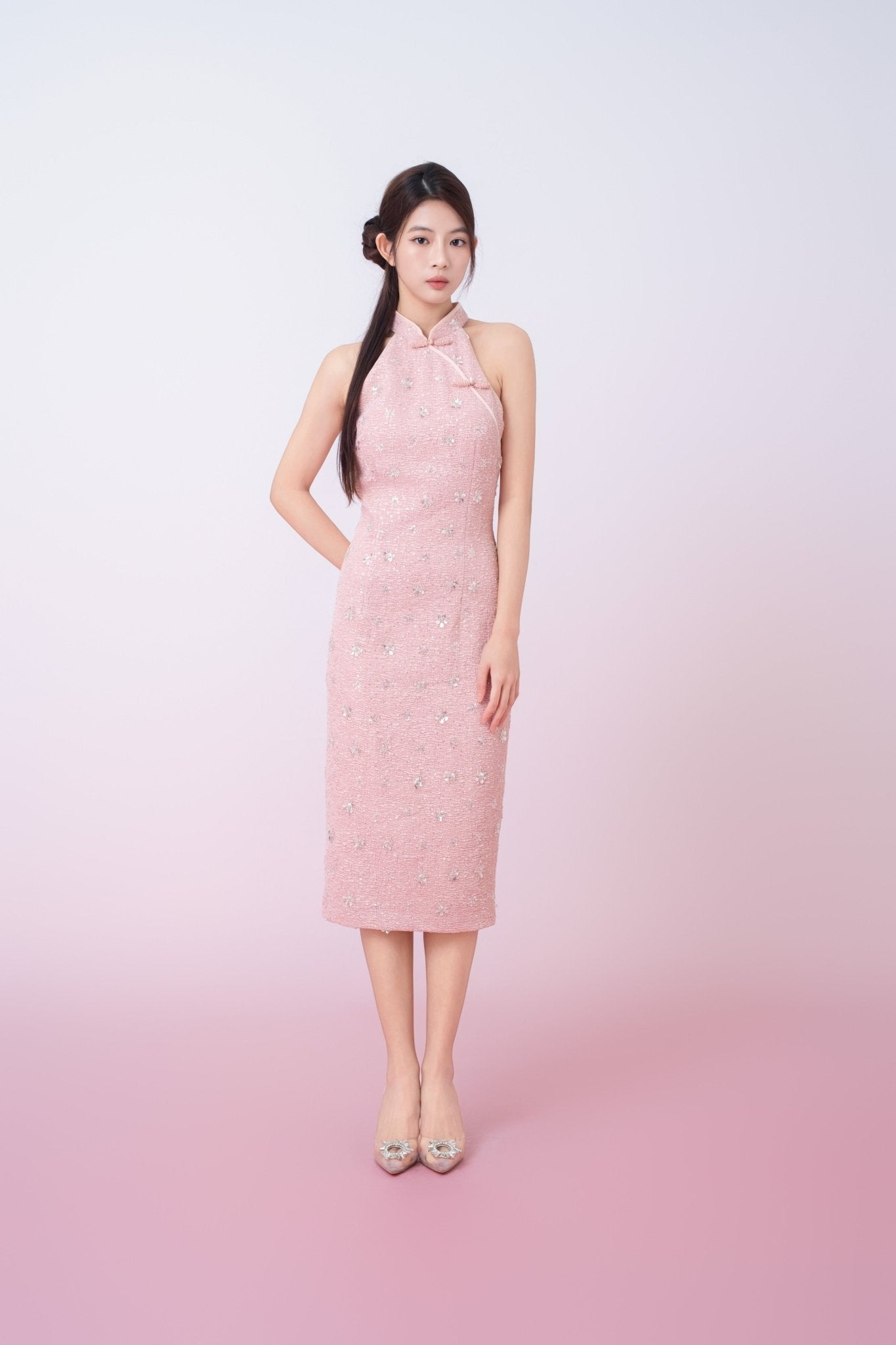 Gavraila Pink Tweed With Embellishments Cheongsam Dress - Nimisski
