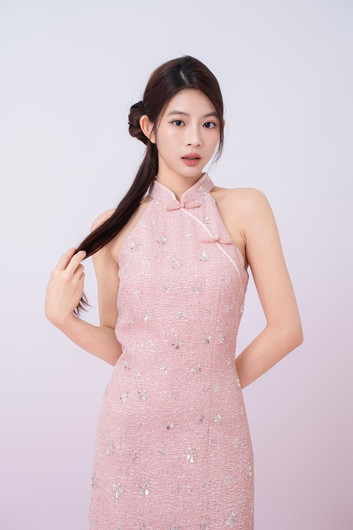 Gavraila Pink Tweed With Embellishments Cheongsam Dress - Nimisski