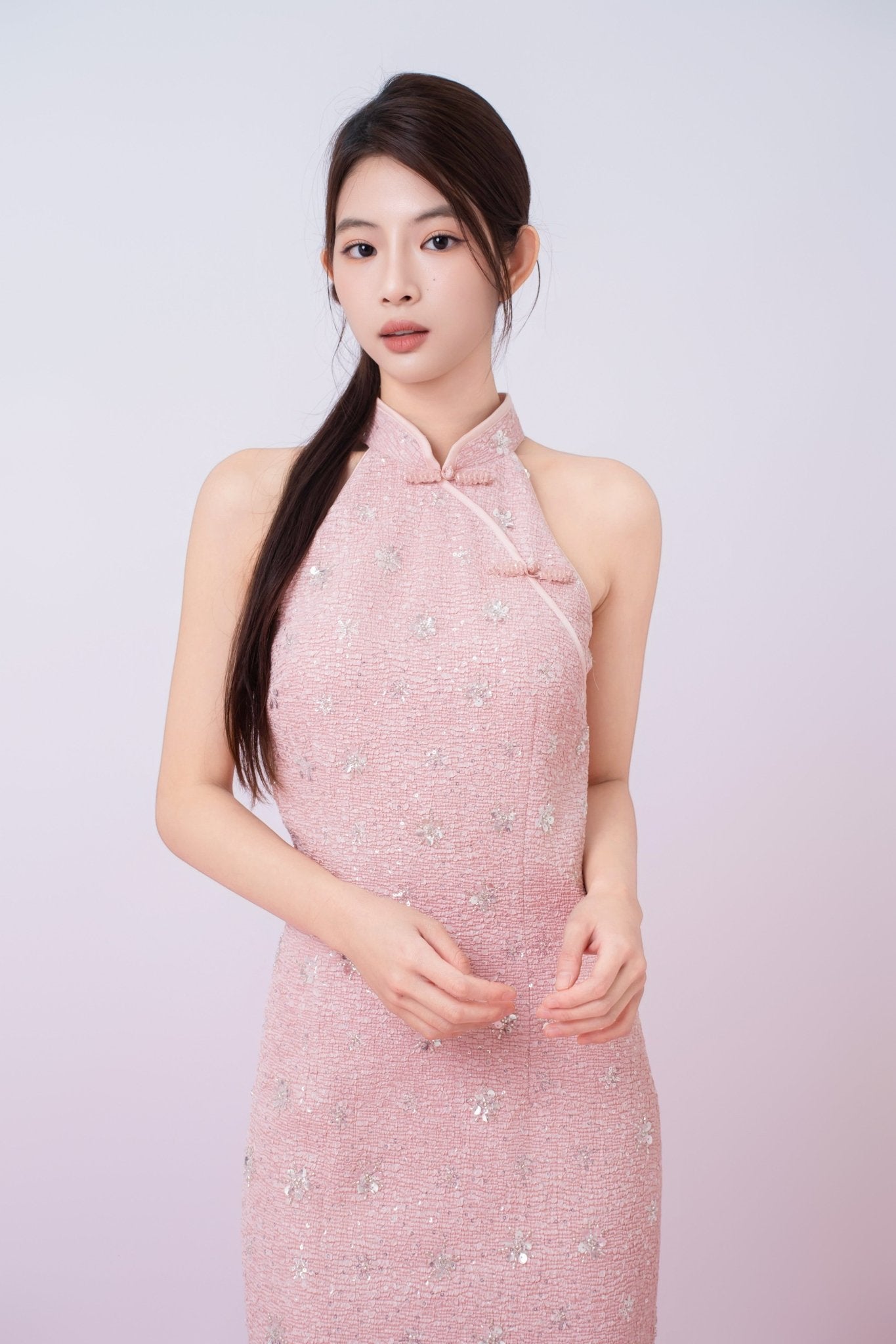 Gavraila Pink Tweed With Embellishments Cheongsam Dress - Nimisski