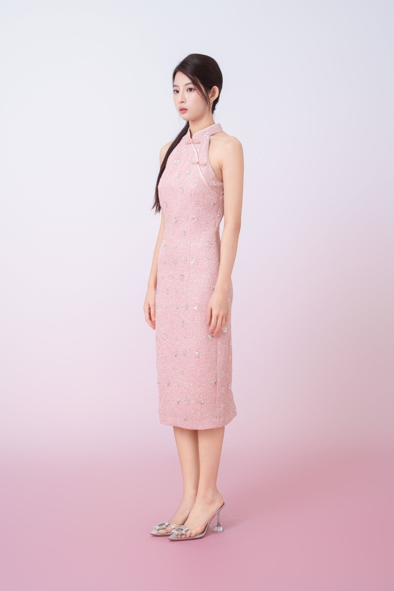 Gavraila Pink Tweed With Embellishments Cheongsam Dress - Nimisski