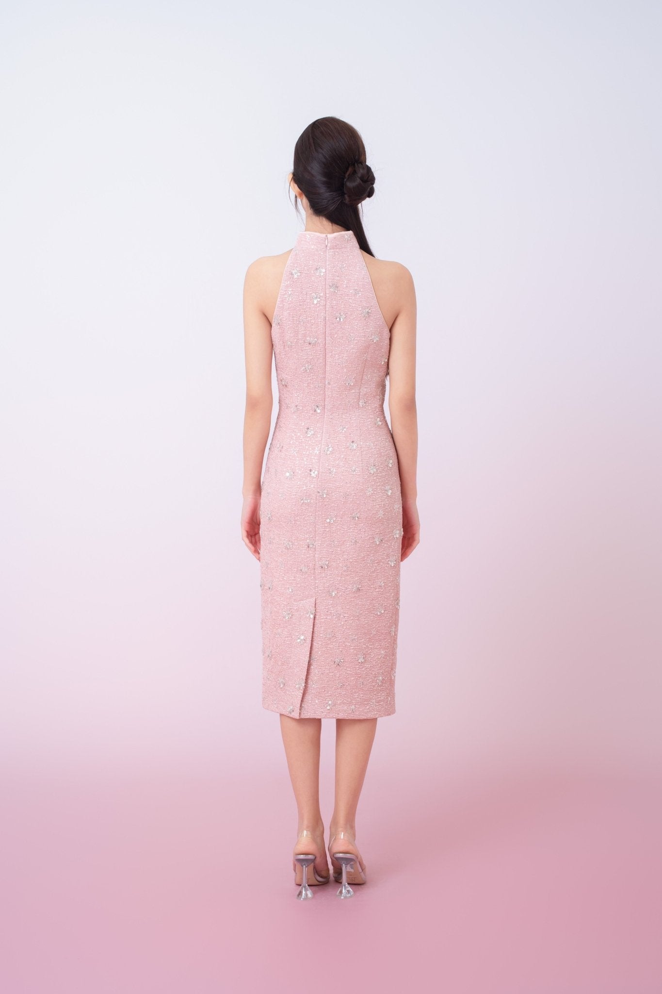 Gavraila Pink Tweed With Embellishments Cheongsam Dress - Nimisski