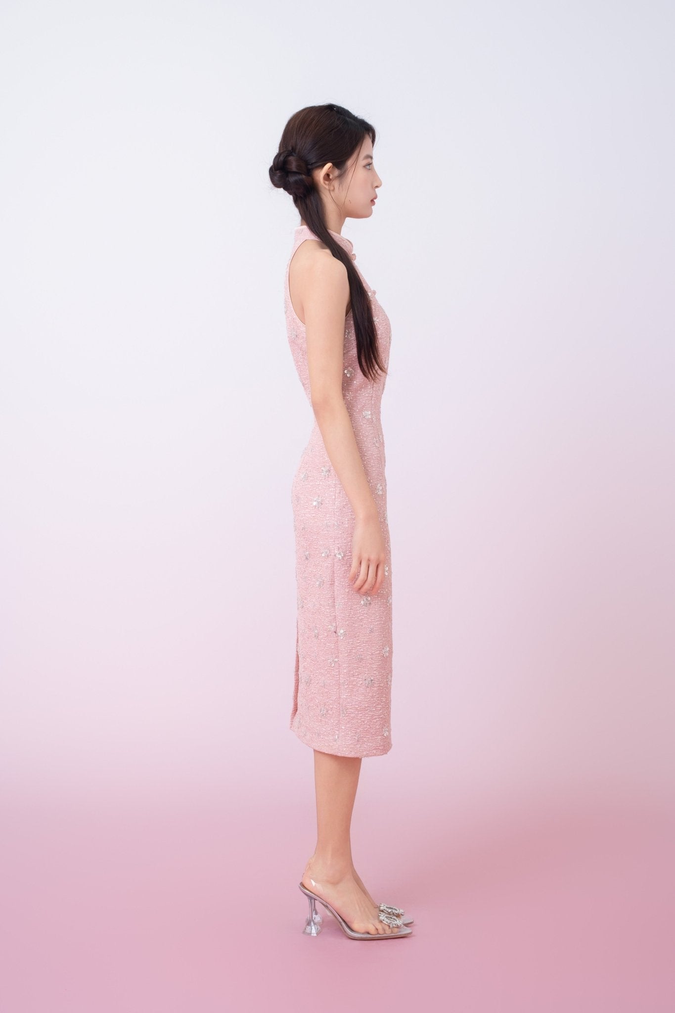 Gavraila Pink Tweed With Embellishments Cheongsam Dress - Nimisski
