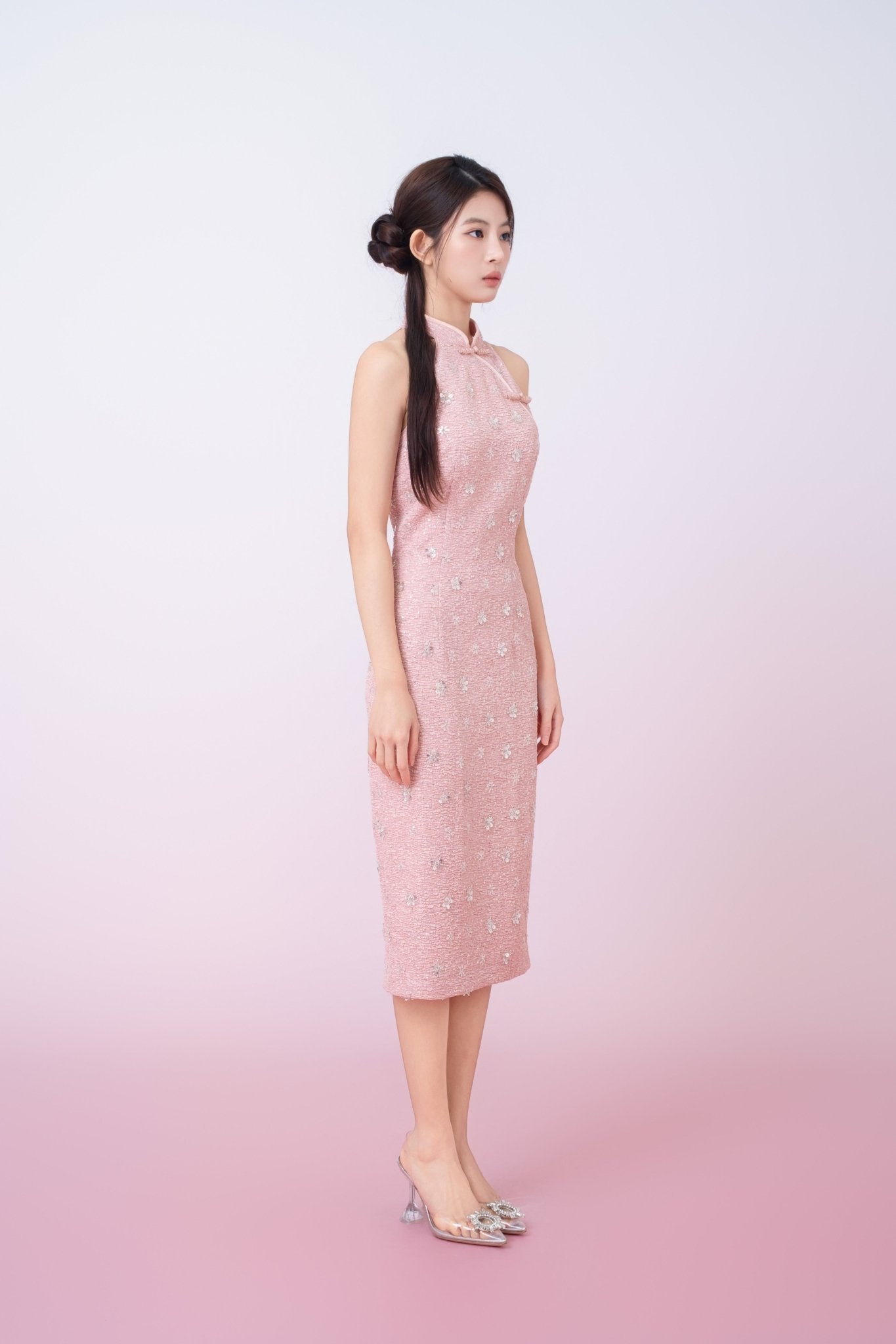 Gavraila Pink Tweed With Embellishments Cheongsam Dress - Nimisski