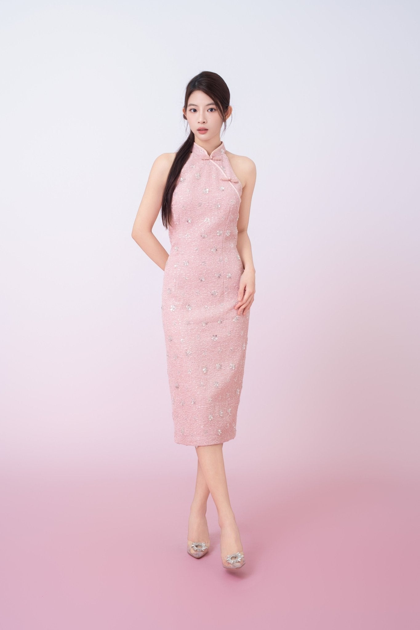 Gavraila Pink Tweed With Embellishments Cheongsam Dress - Nimisski