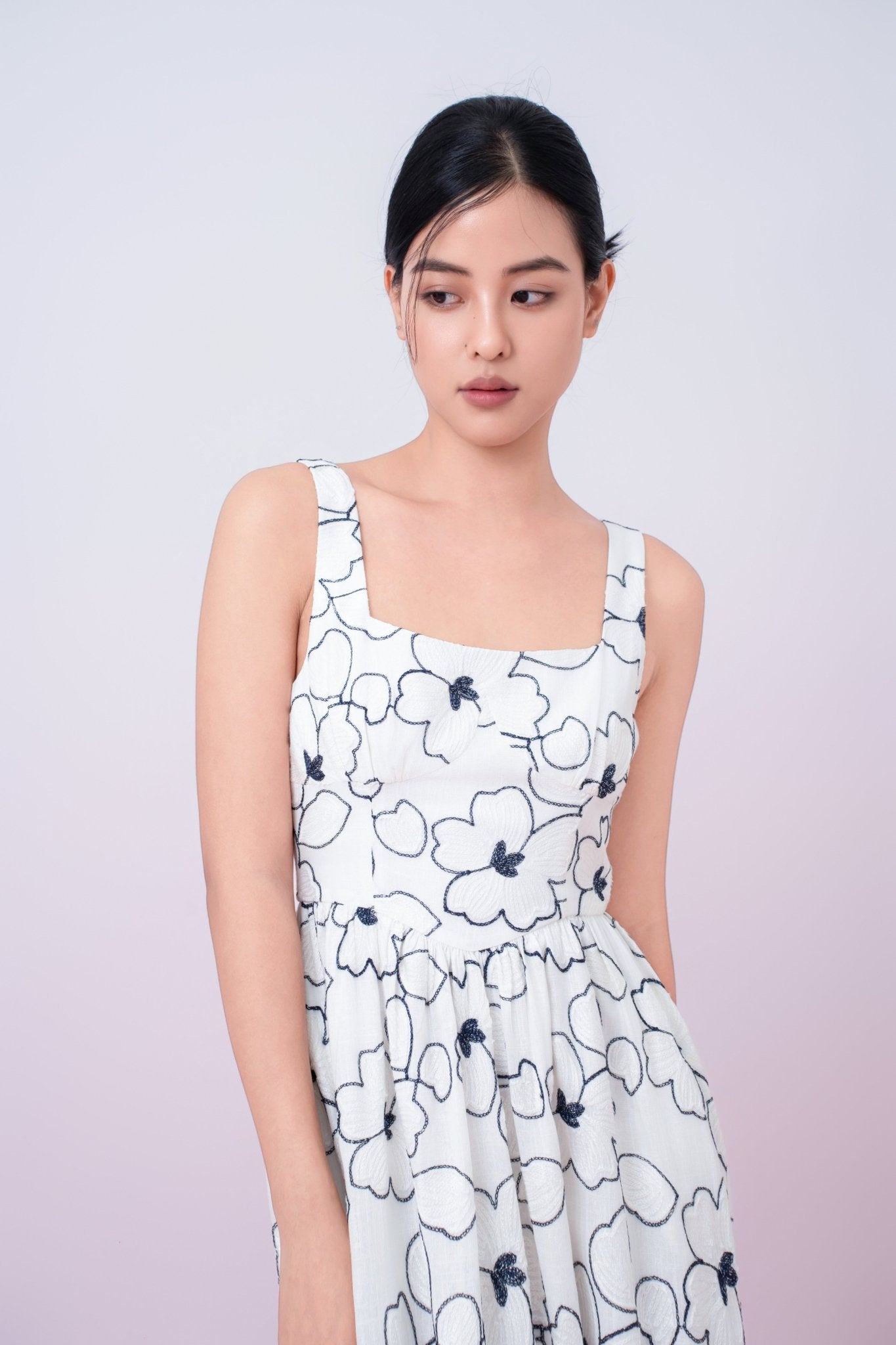 Joli Floral Embroidery In White Square Neck A - Line Dress - Nimisski