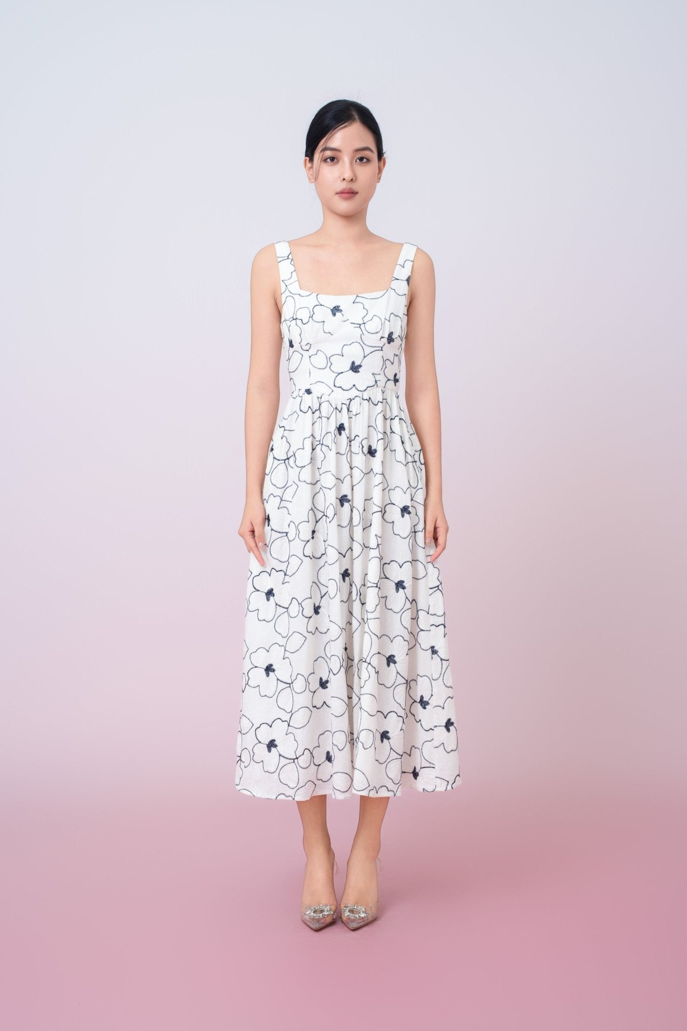 Joli Floral Embroidery In White Square Neck A - Line Dress - Nimisski