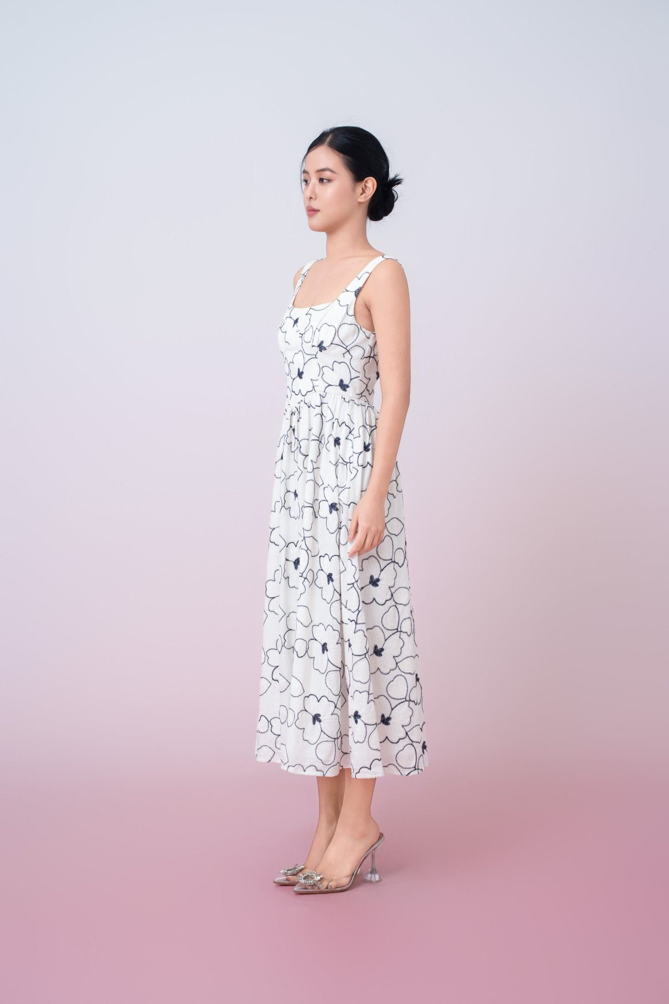 Joli Floral Embroidery In White Square Neck A - Line Dress - Nimisski