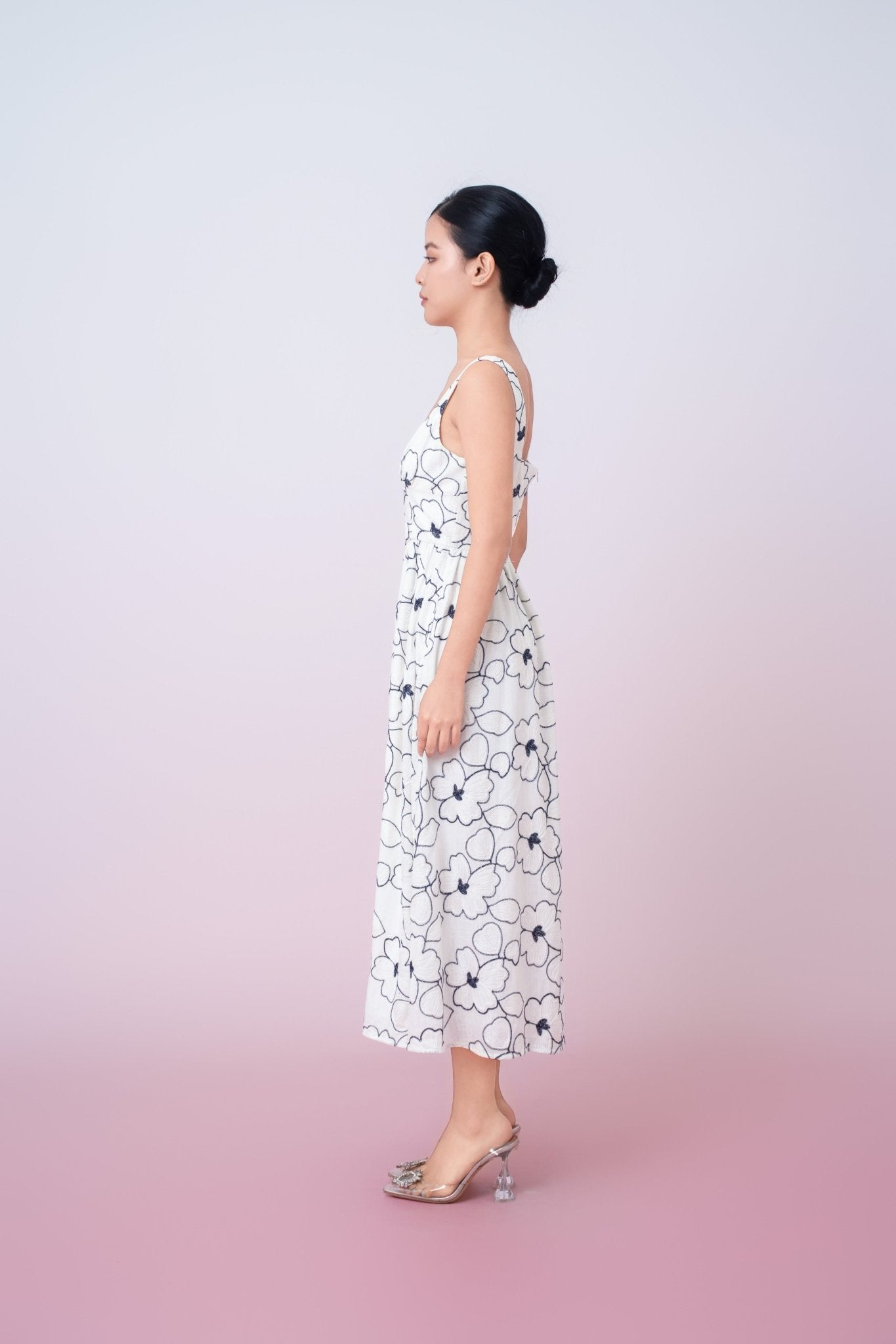 Joli Floral Embroidery In White Square Neck A - Line Dress - Nimisski